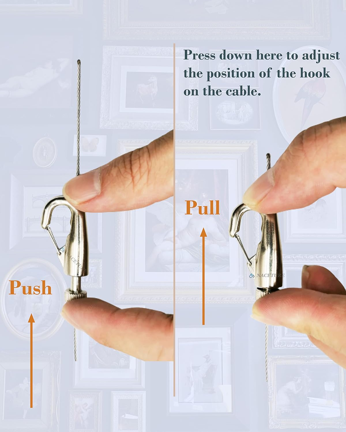 Picture Hanging Kit &ndash; Picture Rail Hooks with 12 of Each White Rail Hooks, 72 Inch Invisible Loop Cord, 12 Adjustable Hooks &ndash; Stainless Steel Picture Molding Hangers Nylon and Steel Cable image number 6