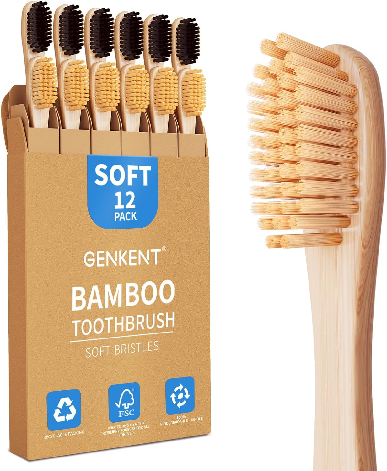 GENKENT 12 Counts Bamboo Toothbrushes Natural Bamboo Charcoal Tooth Brush with BPA Free Soft Bristles in Eco Friendly Color Bristle Wood Tooth Brushes Recycled Biodegradable image number 2