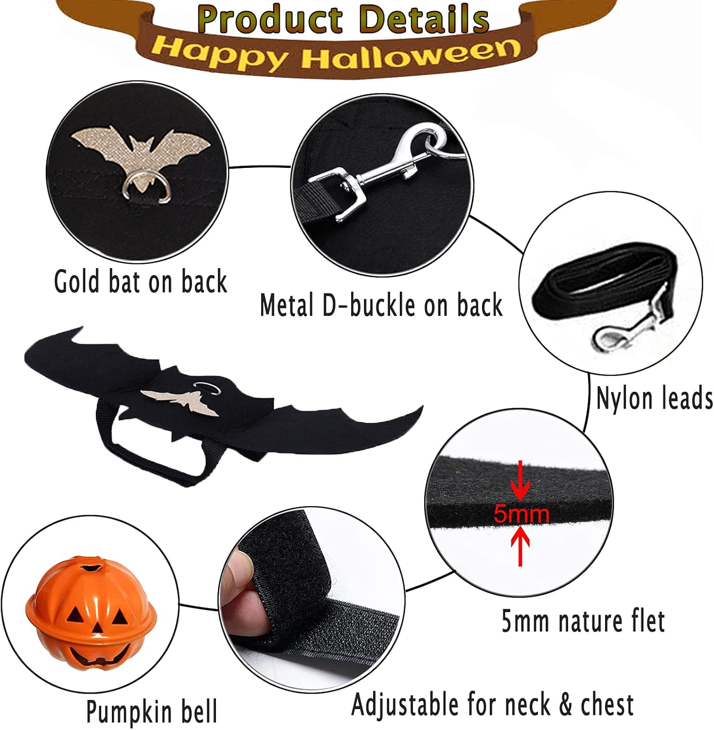 LKEX Dog Bat Wings, Pet Halloween Costume for Medium Large Dogs Funny Dog Clothes with Leads and Pumpkin Bells Puppy Dress up Halloween Decorations Apparel image number 5