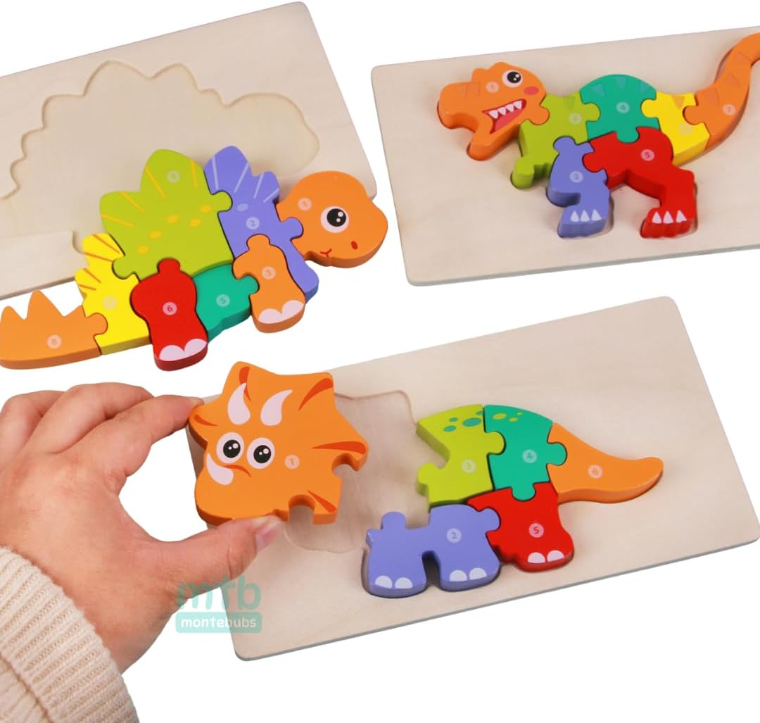 3D Dinosaurs Puzzles for Toddlers Set of 4 Dinosaurs Easy Grip Chunky Wooden Puzzles Suitable as Boys and Girl Age 3 4 5 Years Old Montessori Toys