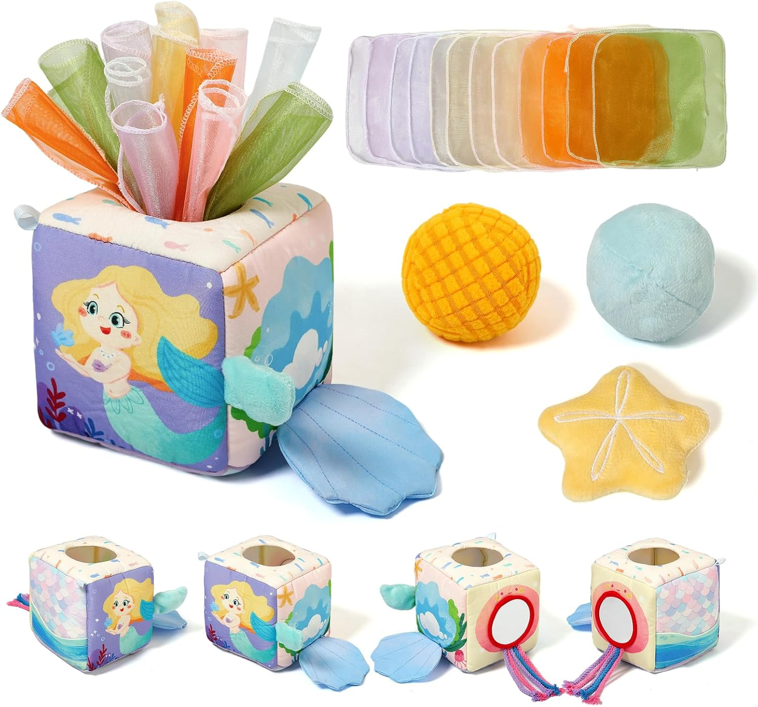 Promise Babe Baby Tissue Box Toy for Babies 6-12 Months Baby Toy - Montessori Sensory Busy Cube Toys with 3 Sensory Ball - Boy Girl Gifts for Babies 6 12 18 Months Old(Mermaid)