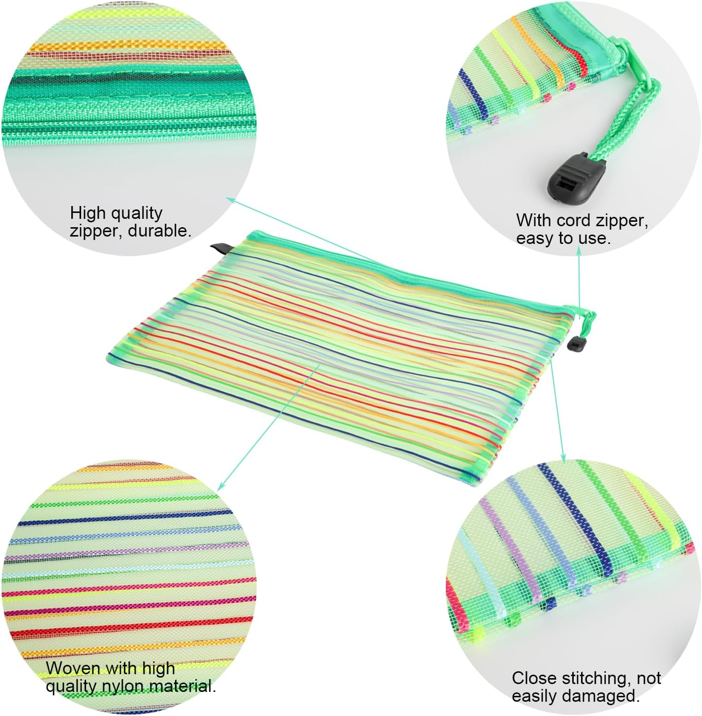Set of 6 A4 Zipper Mesh Pouch Wallets, Snap Closure Folders for Office Supplies, Cosmetics, and Travel Accessories in 6 Vibrant Colors (Yellow, Green, Blue, Purple, Black, Red) image number 6