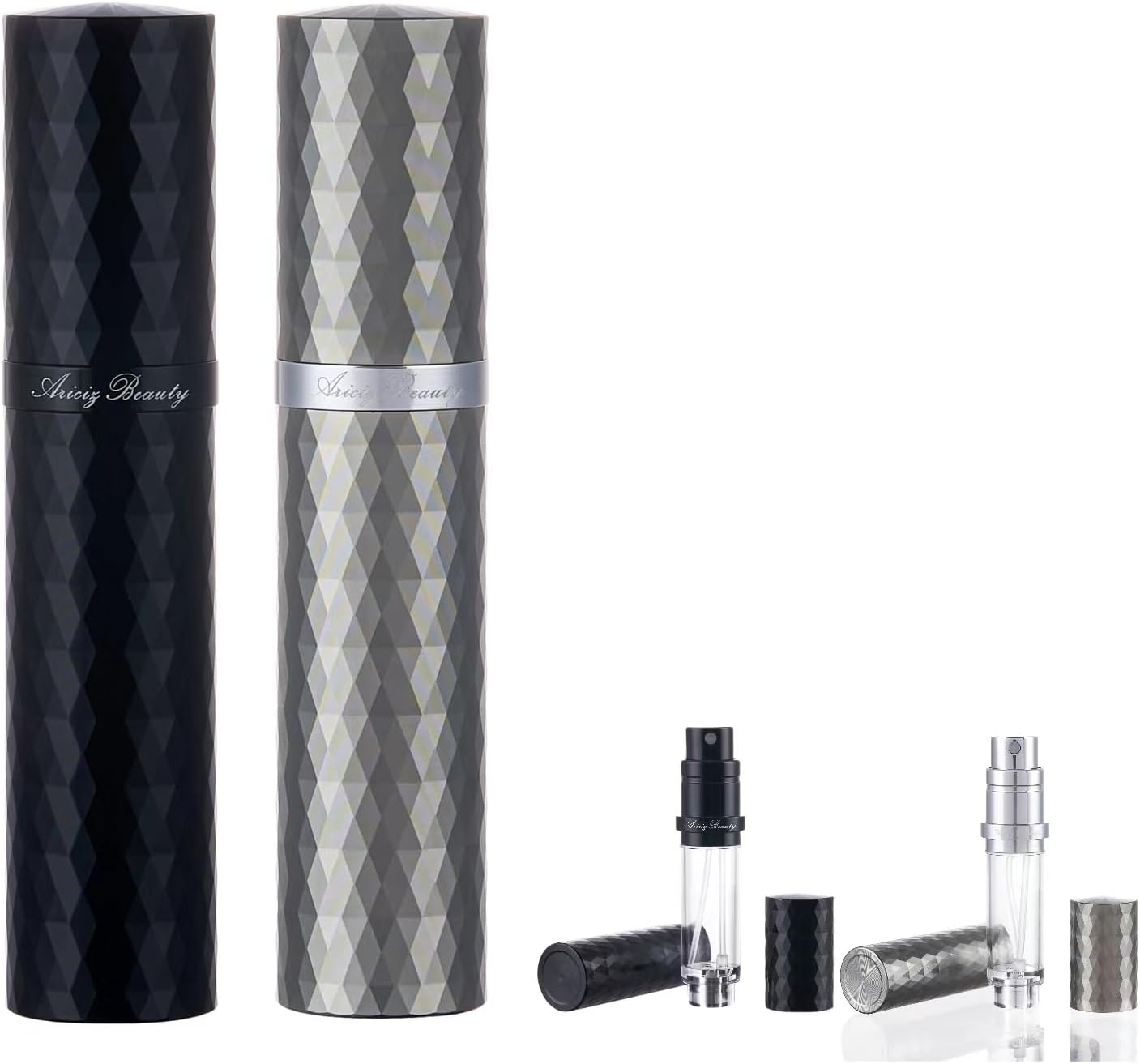 Aricizbeauty Travel Refillable Perfume Atomizer 0.17Fl.Oz/5Ml. Cologne Pocket Recyclable Portable Sprayer Bottle. Mini Scent Pump Case Dispenser Perfume Container (GREY+GLOD)