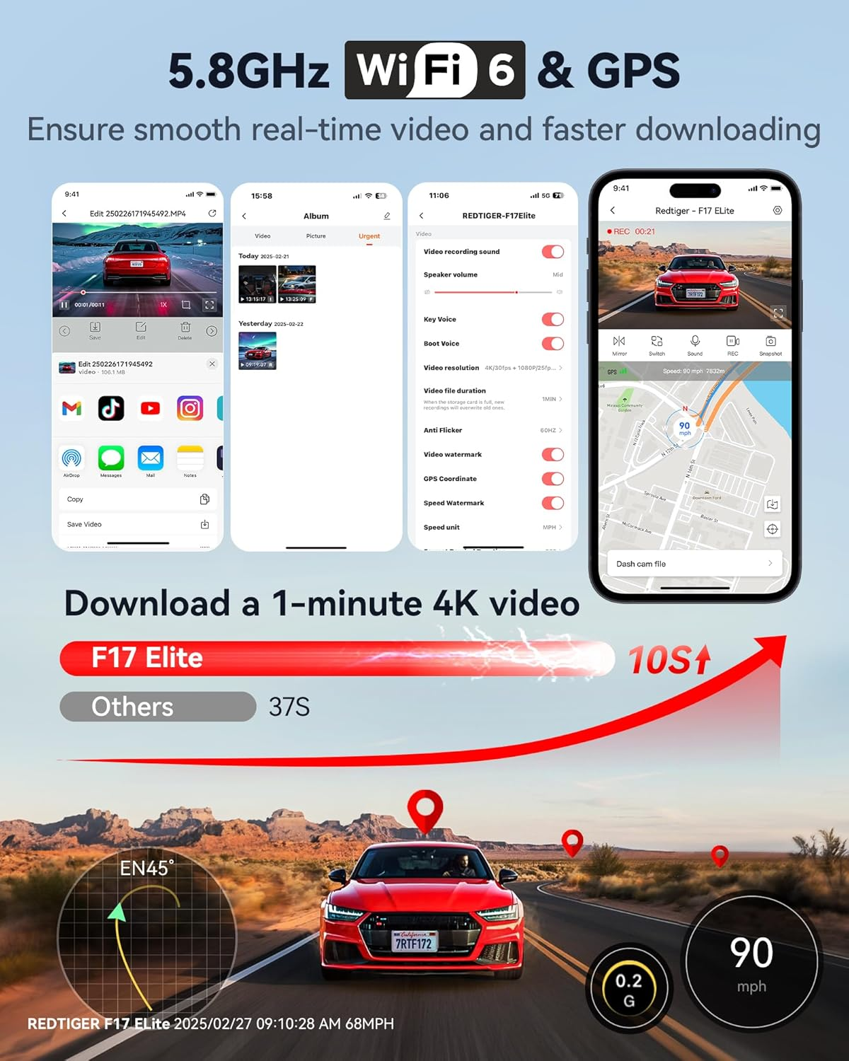 REDTIGER F17 Elite 4K 3 Channel Dash Cam, STARVIS 2 IMX678 & IMX675, 128GB Card, Full Night Color, 4K+2.5K+1080P Front and Rear Inside, Touch Screen, Voice Control, 5Ghz Wifi 6, GPS, HDR, Parking Mode image number 2