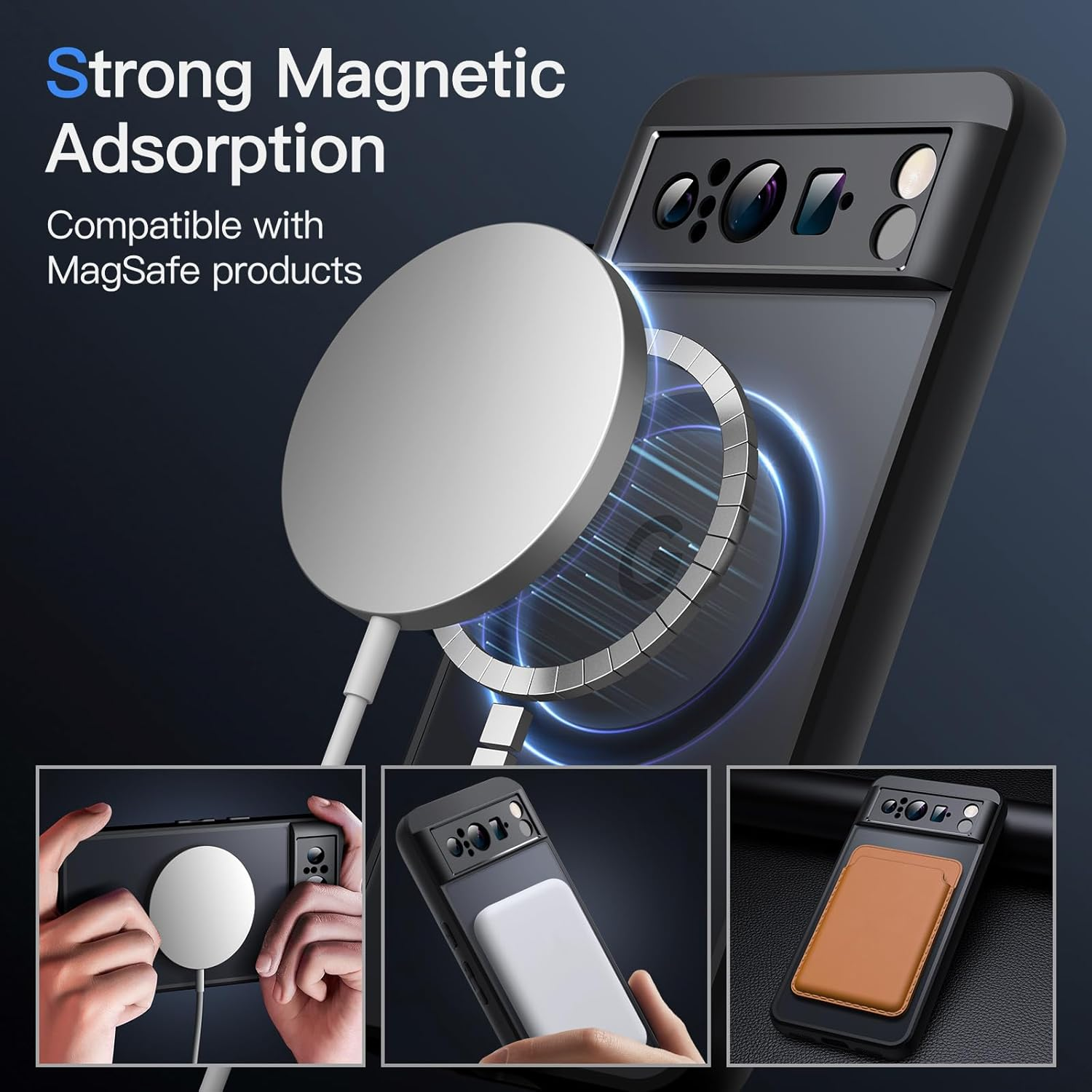 Jetech Magnetic Case for Google Pixel 8 Pro 6.7-Inch 2023, Compatible with Magsafe, Translucent Matte Back Shockproof Phone Cover (Obsidian) image number 2