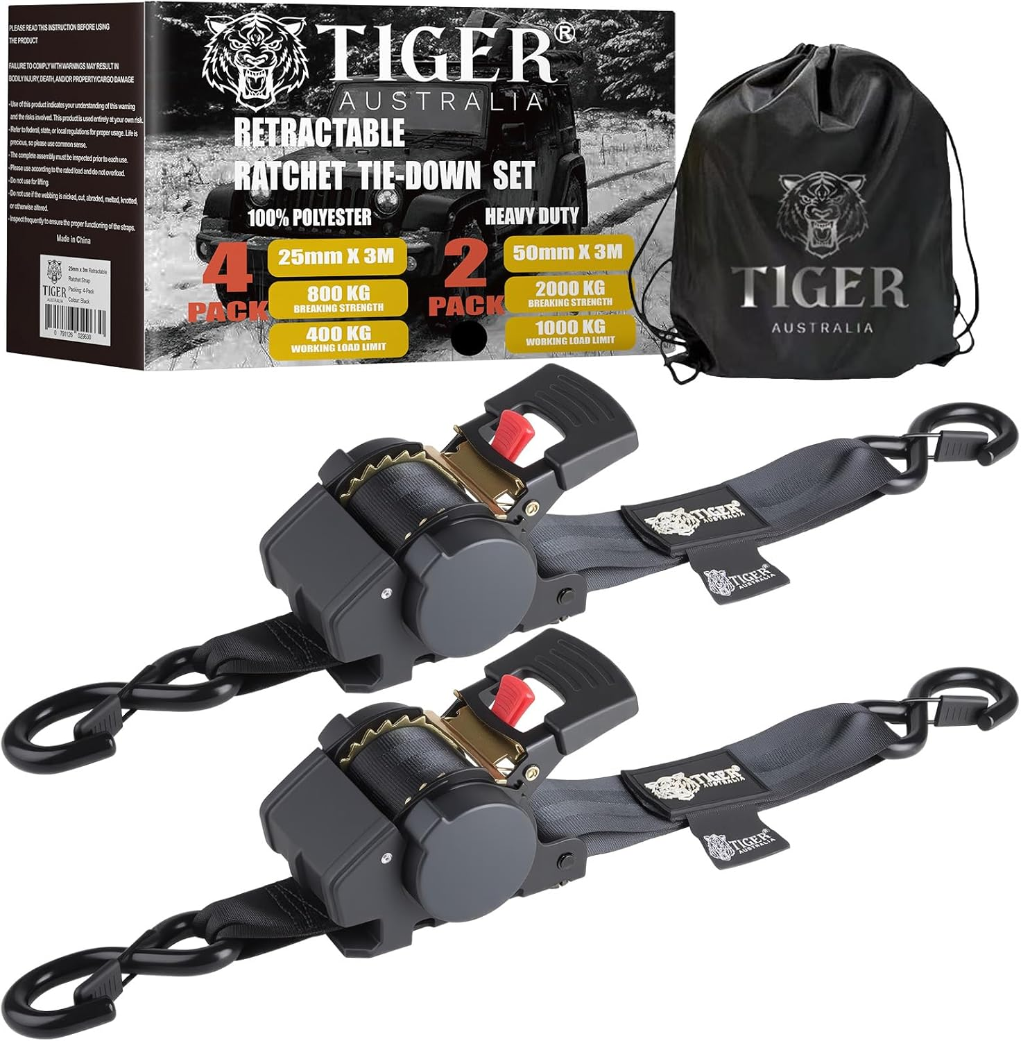 Tiger Australia 50Mm &times; 3M Auto Slow-Retracting Design Ratchet Straps Heavy Duty Use 2-Pack image number 4