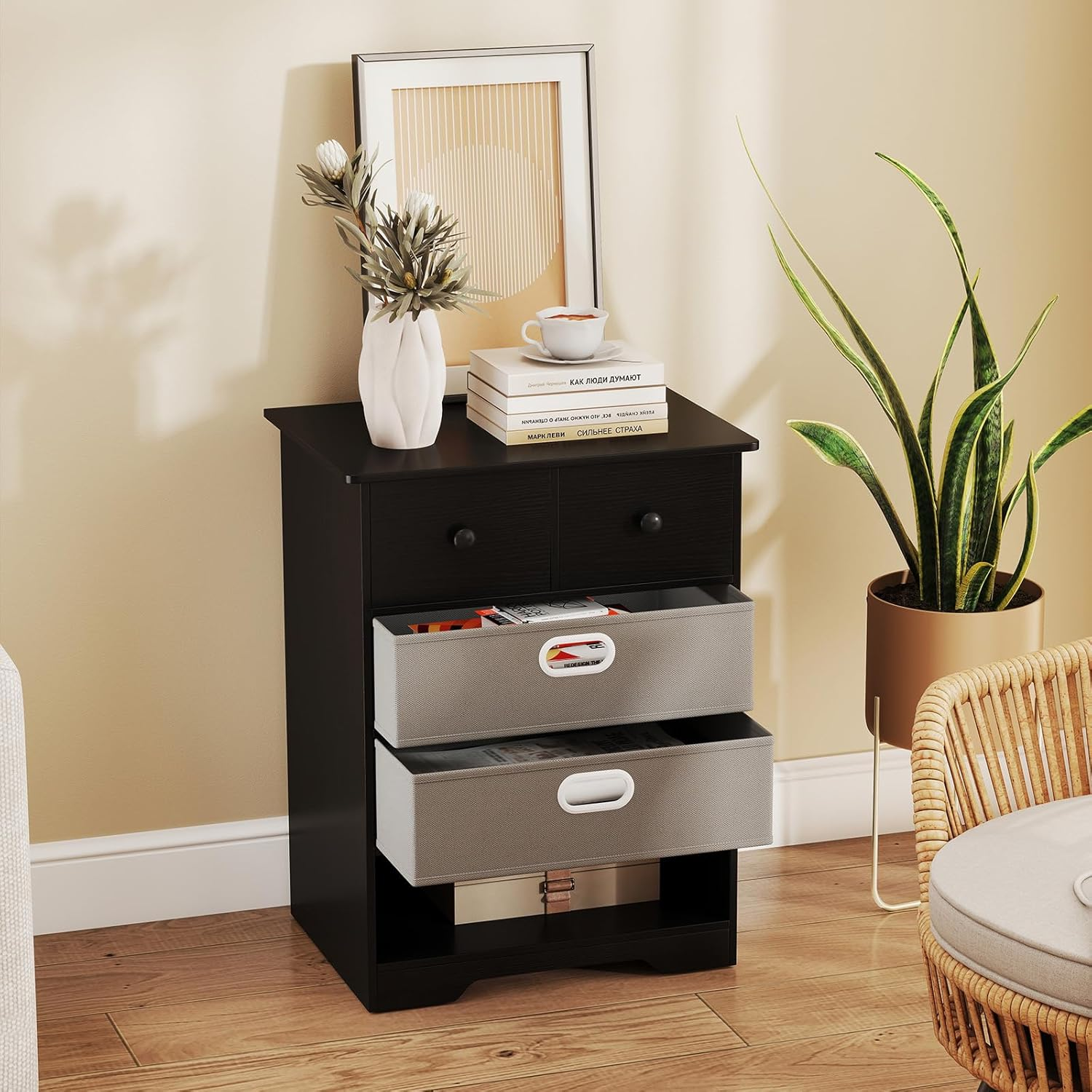 Giantex 4-Drawer Dresser, Modern Chest Storage Organizer with Open Shelves, Multifunctional Freestanding Nightstand with Anti-Tip Kits for Bedroom, Living Room, Entryway, White/Black (Black + Grey) - Black + Grey image number 6