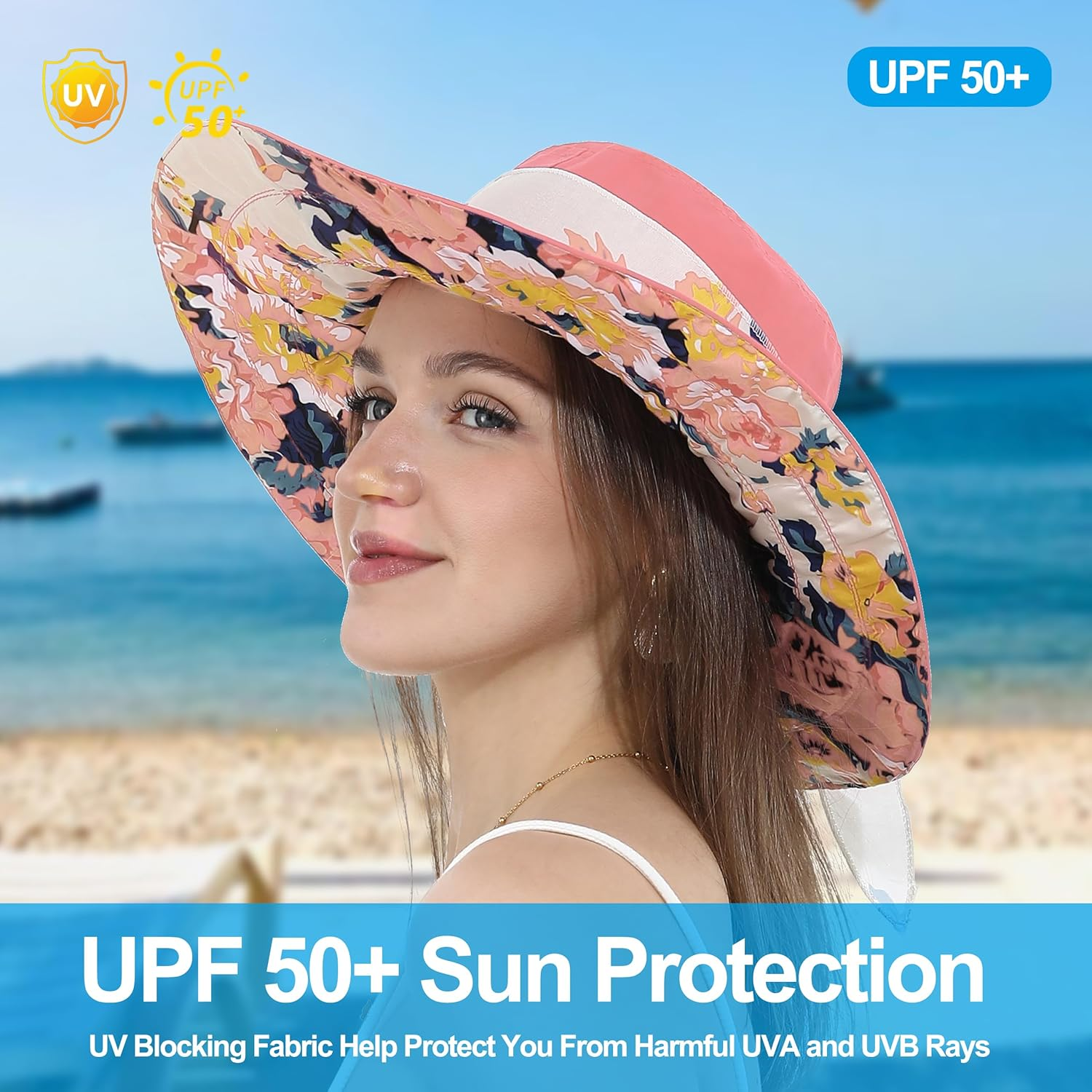 Womens Wide Brim Sun Hat Reversible Print UV Protection Oversized Beach Cap Travel UPF 50+ image number 6