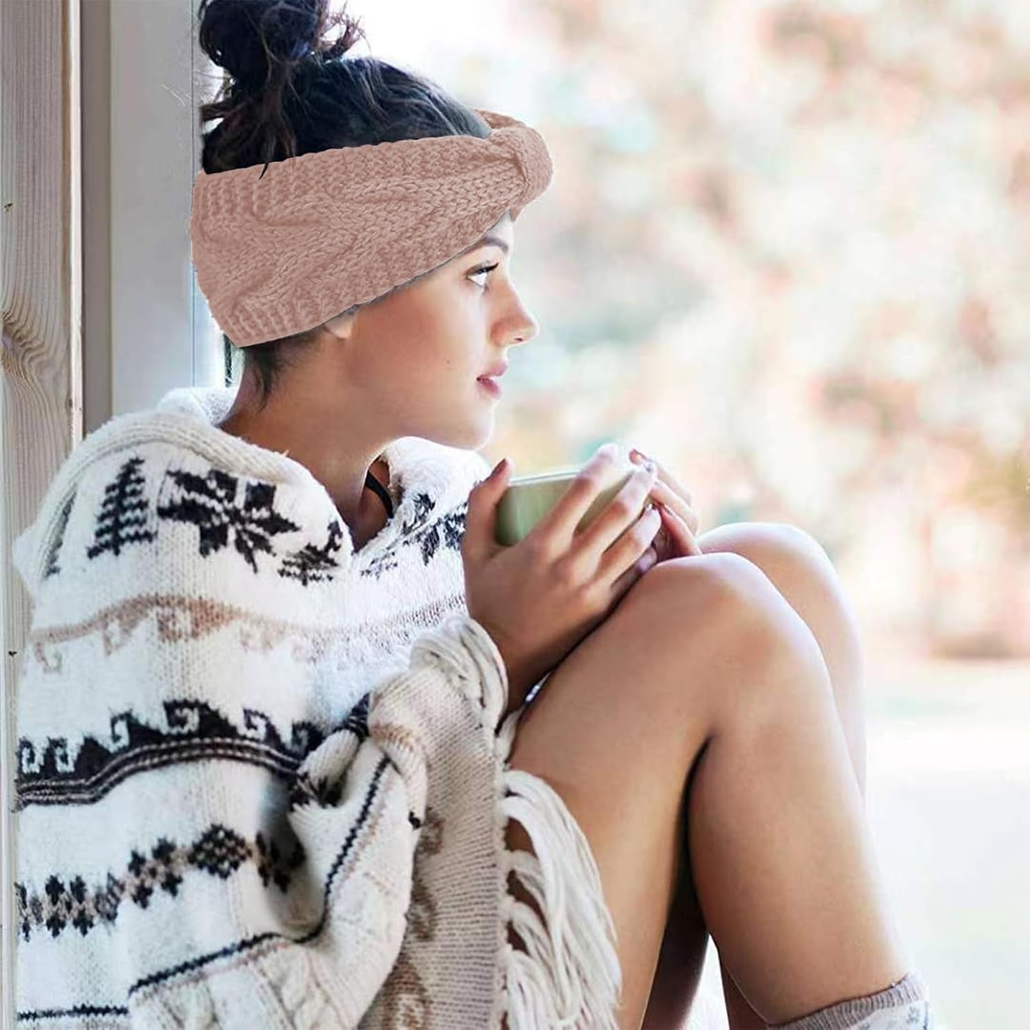 FOSDICK Winter Cable Knit Headbands Women Crochet Ear Warmer Headband, Pink Knitted Thermal Twist Headbands for Girls Women Soft Lining Head Wrap Winter Knitted Headband for Shopping Skiing Running image number 6