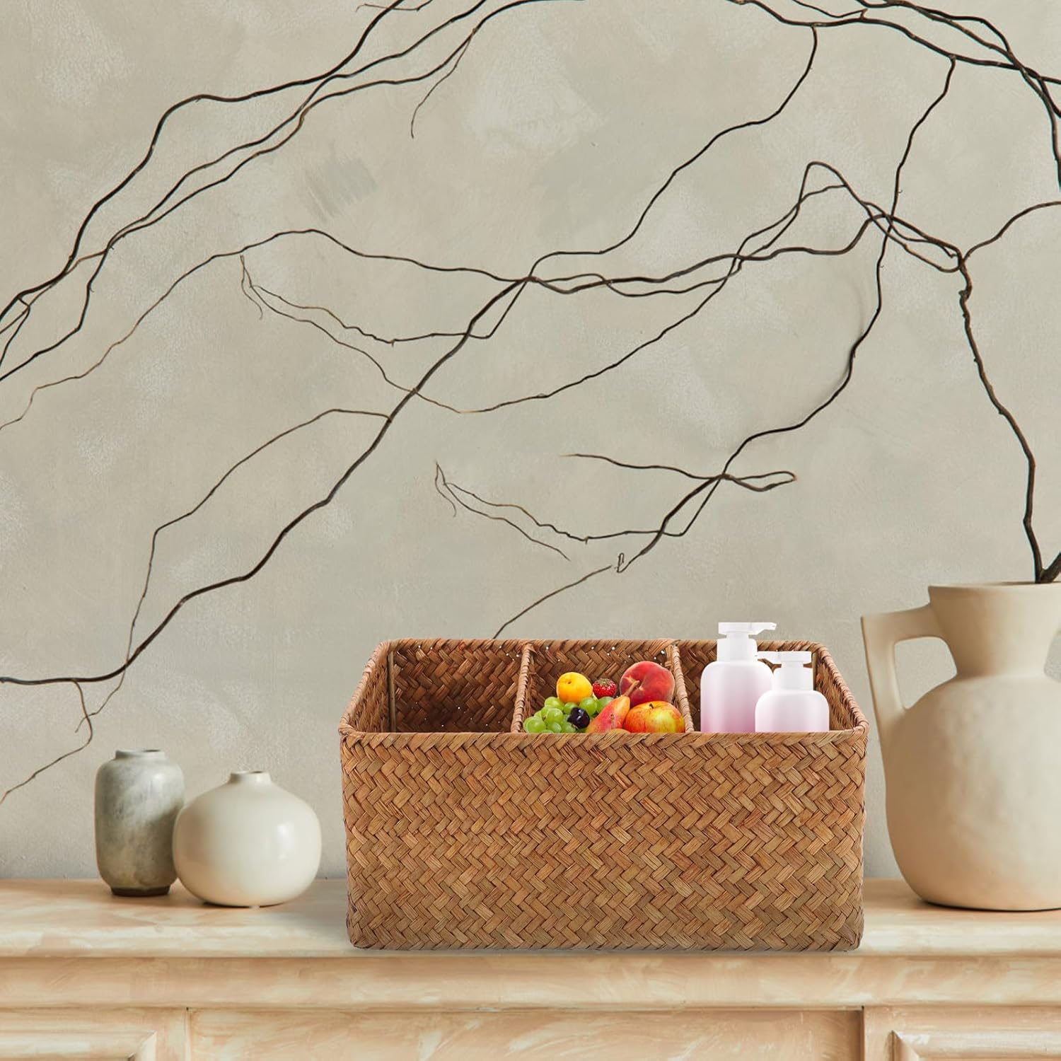 ULTECHNOVO Seagrass 3-Compartment Storage Basket with Dividers, Hand-Woven Long Organizer Basket for Bathroom and Kitchen Counter, 28.5&times;18.5&times;13Cm High Storage Bin image number 6