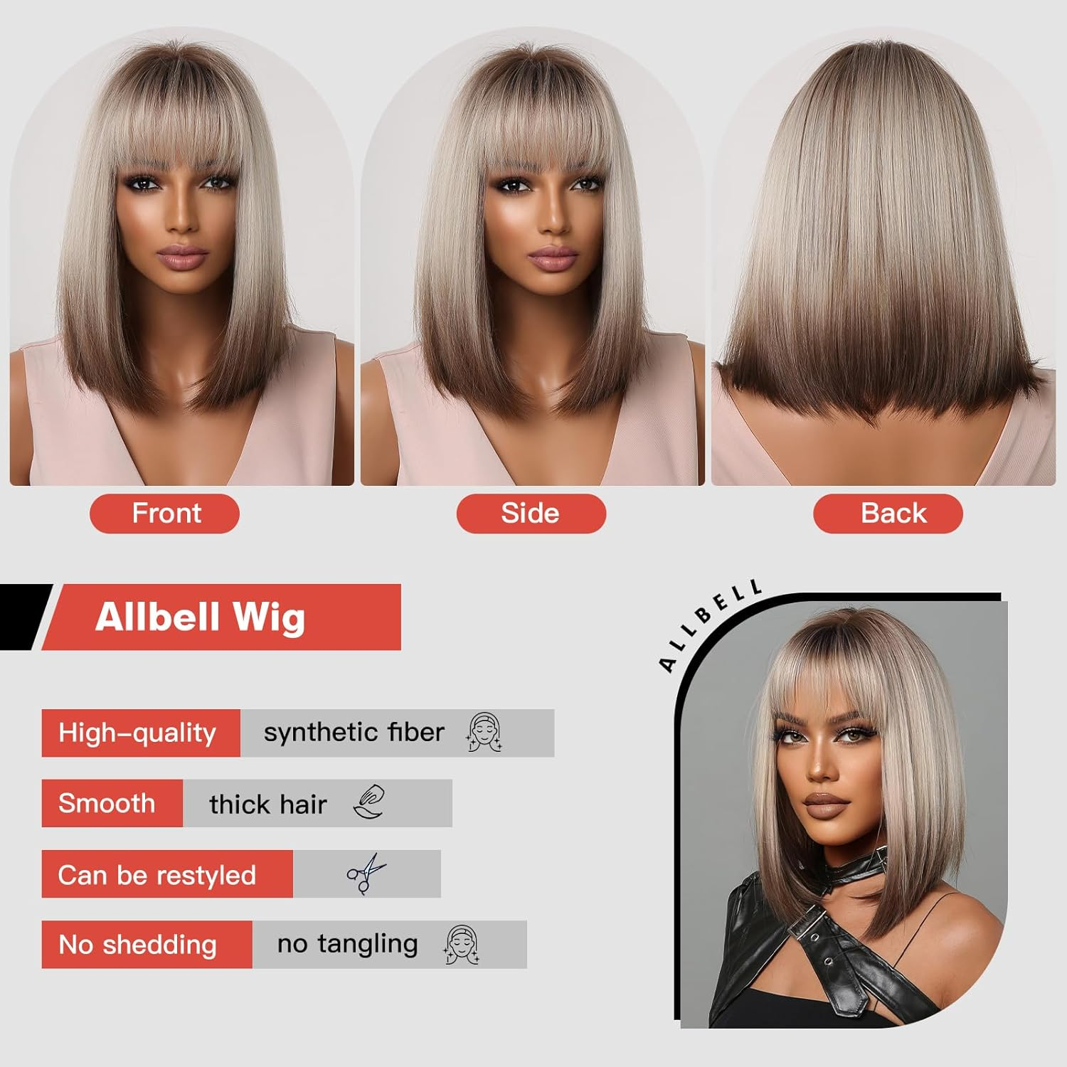 Allbell Brown Blonde Ombre Bob Wigs for Women Cosplay Wig with Bangs Dark Roots Grey Natural Hair Synthetic Wig image number 3