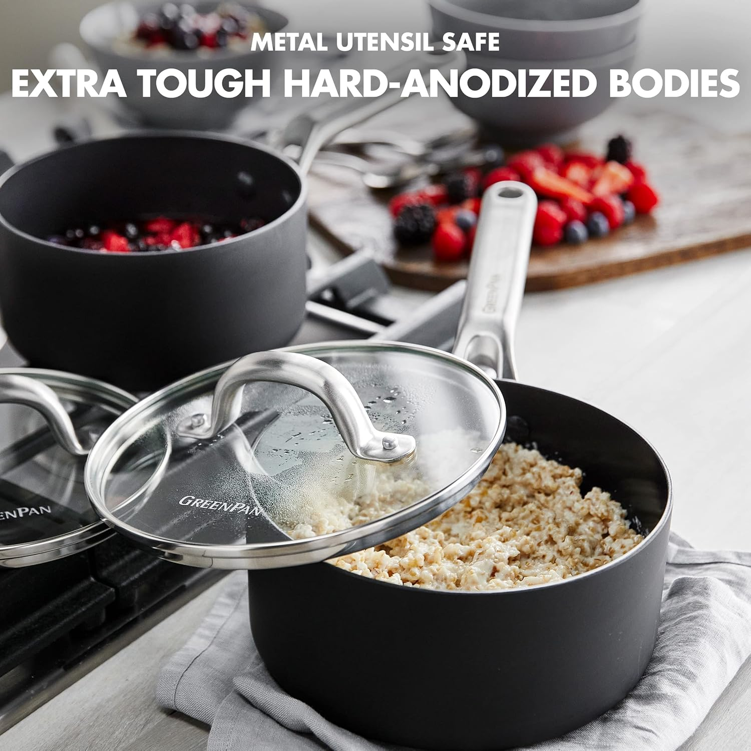 Greenpan Omega Hard Anodized Advanced Healthy Ceramic Nonstick, 1.6QT and 2.2QT Saucepan Pot Set with Glass Lids, Anti-Warping Induction Base, Dishwasher Safe, Oven & Broiler Safe, Black image number 6