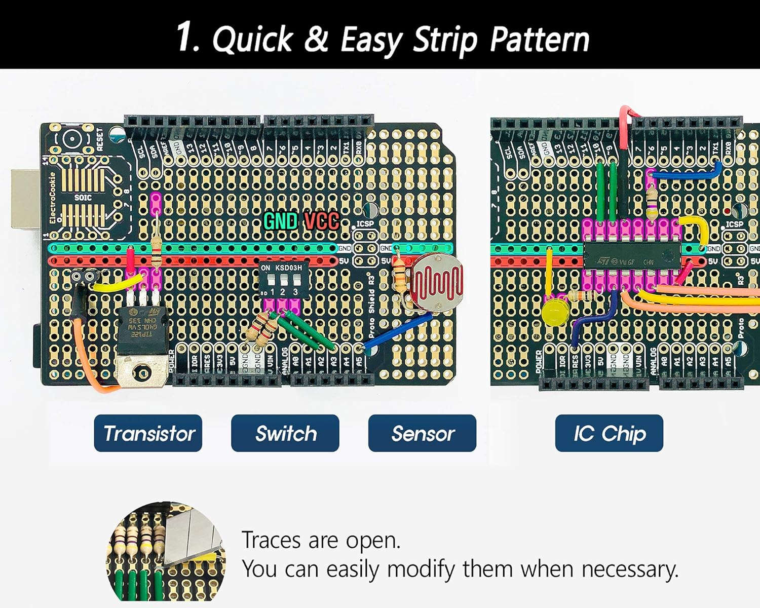 Electrocookie Proto Shield Kit Compatible with Arduino Uno, Stackable DIY Expansion Prototype PCB (3 Pack) image number 2