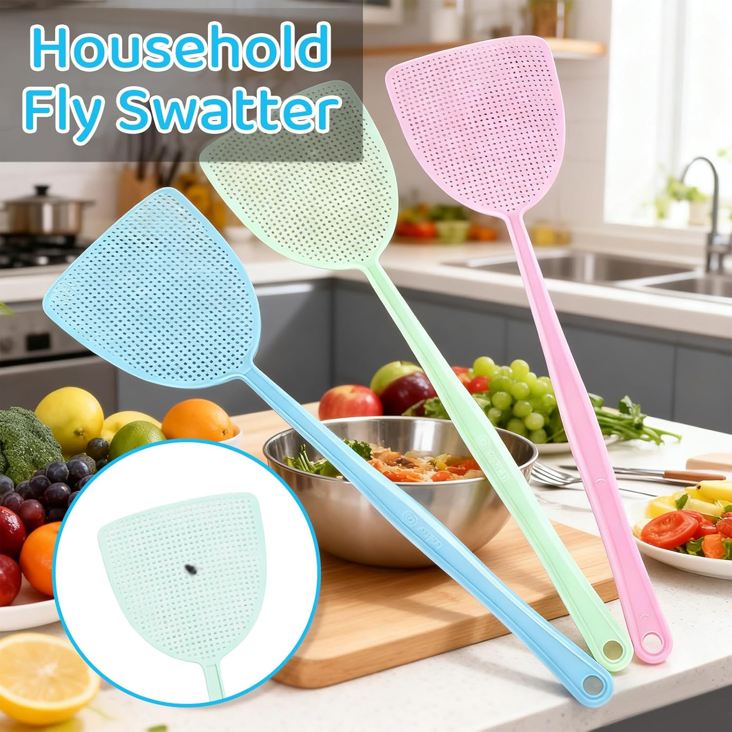 3Pcs Fly Swatter, 16.54 Inch Flexible Long Handle Fly Swat Set, Plastic Manual Mosquito Pest Swatters for Kitchen, Baby Nursery, Camping & Outdoor Activities, 3 Colors image number 3