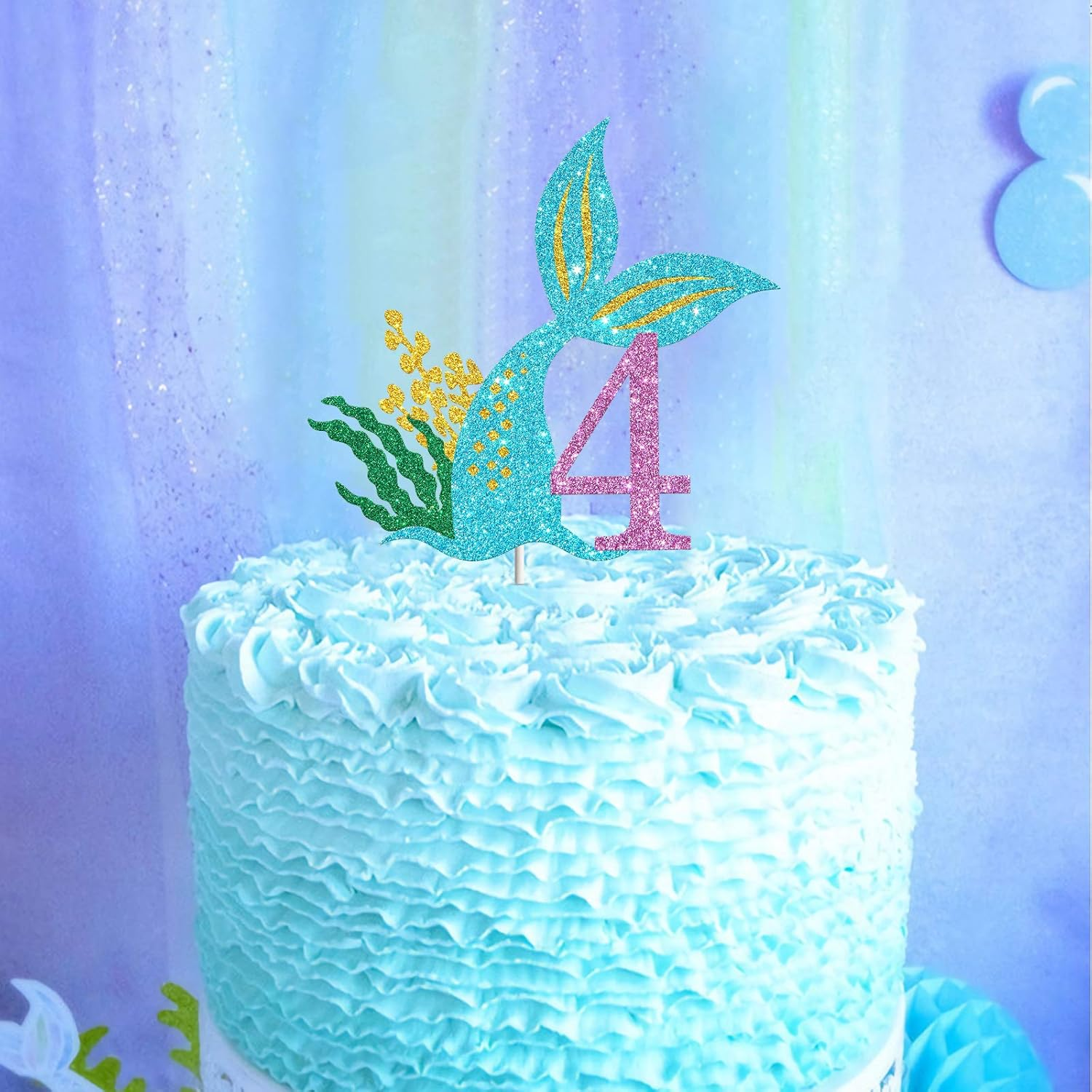 Mermaid Four Cake Topper, Happy 4Th Birthday Cake Decor, I'M Four Sign, Little Mermaid Birthday Party Decoration Supplies, Daughter of the Sea, under the Sea Themed, Ocean Themed - Glitter image number 4