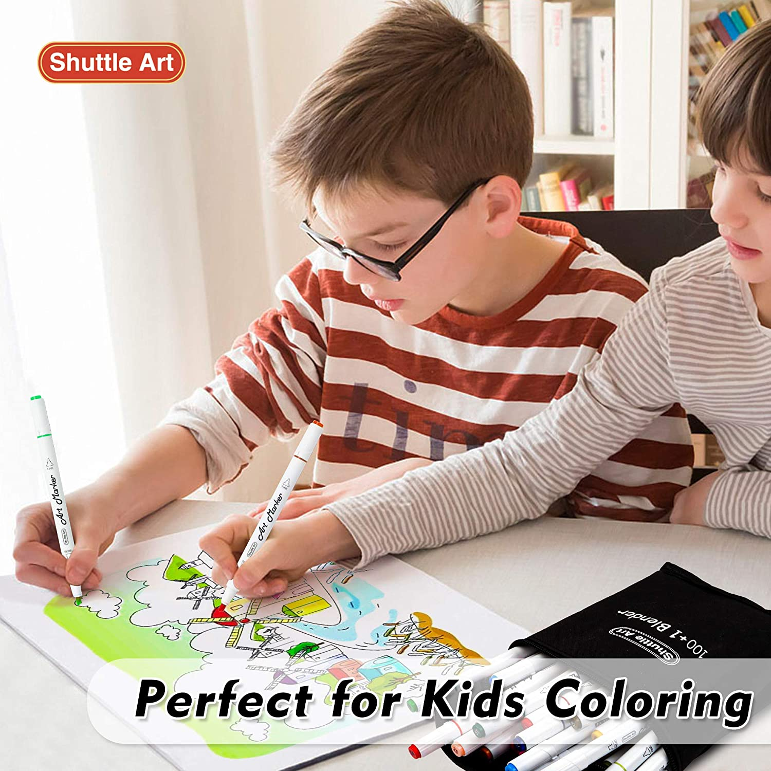 Shuttle Art 100 Colours Alcohol Markers, Dual Tip Art Markers plus 1 Blender Art Pens for Drawing, Sketching Highlighting, Marker Pens with Carrying Case for Artists and Adult Colouring Manga Design image number 6