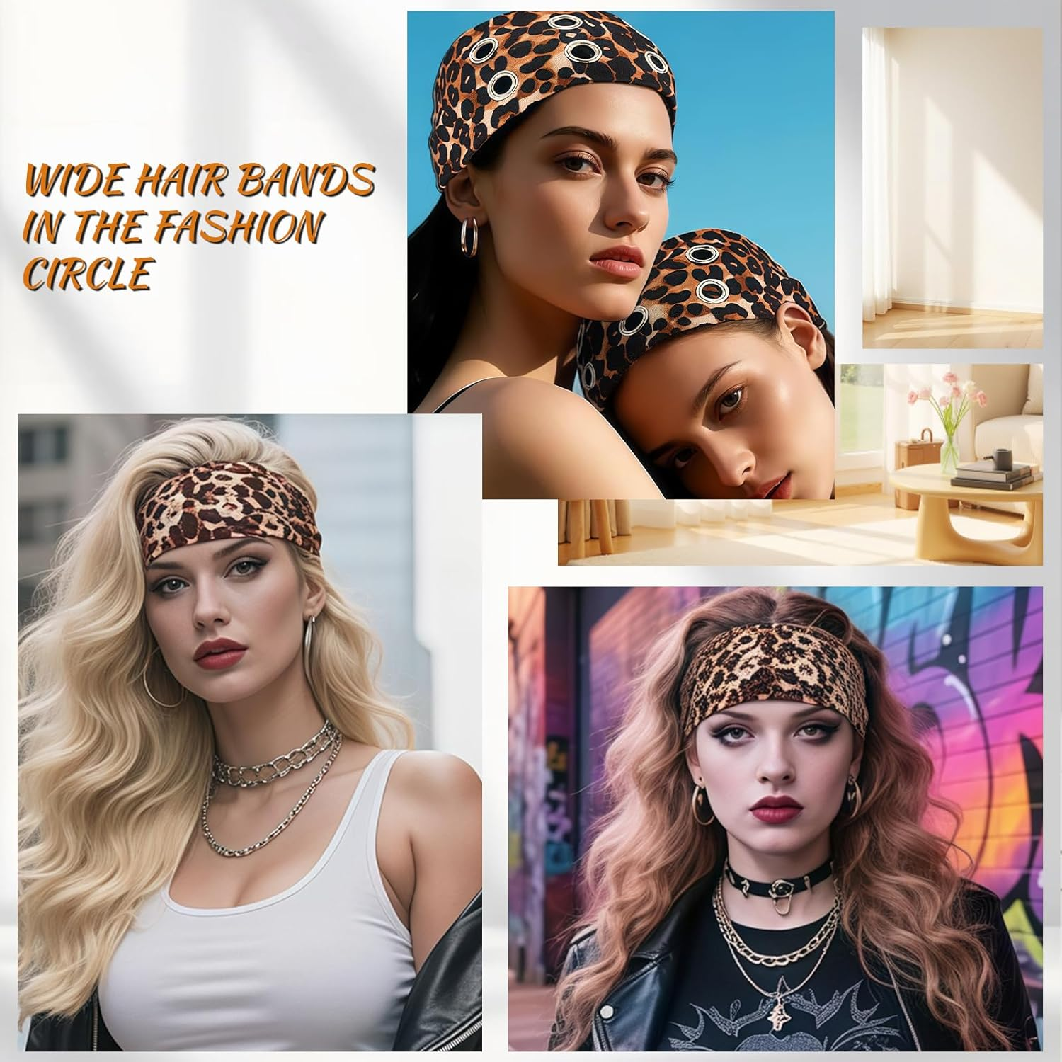 Vesavifaka 3 PCS Fashion Grommet Wide Headbands for Women, Hollow Out Eyelets Elastic Head Bands, Y2K Girls Punk Grunge Stretchy Hair Accessory (Black, Snakeskin, Leopard, 3.9" Wide)