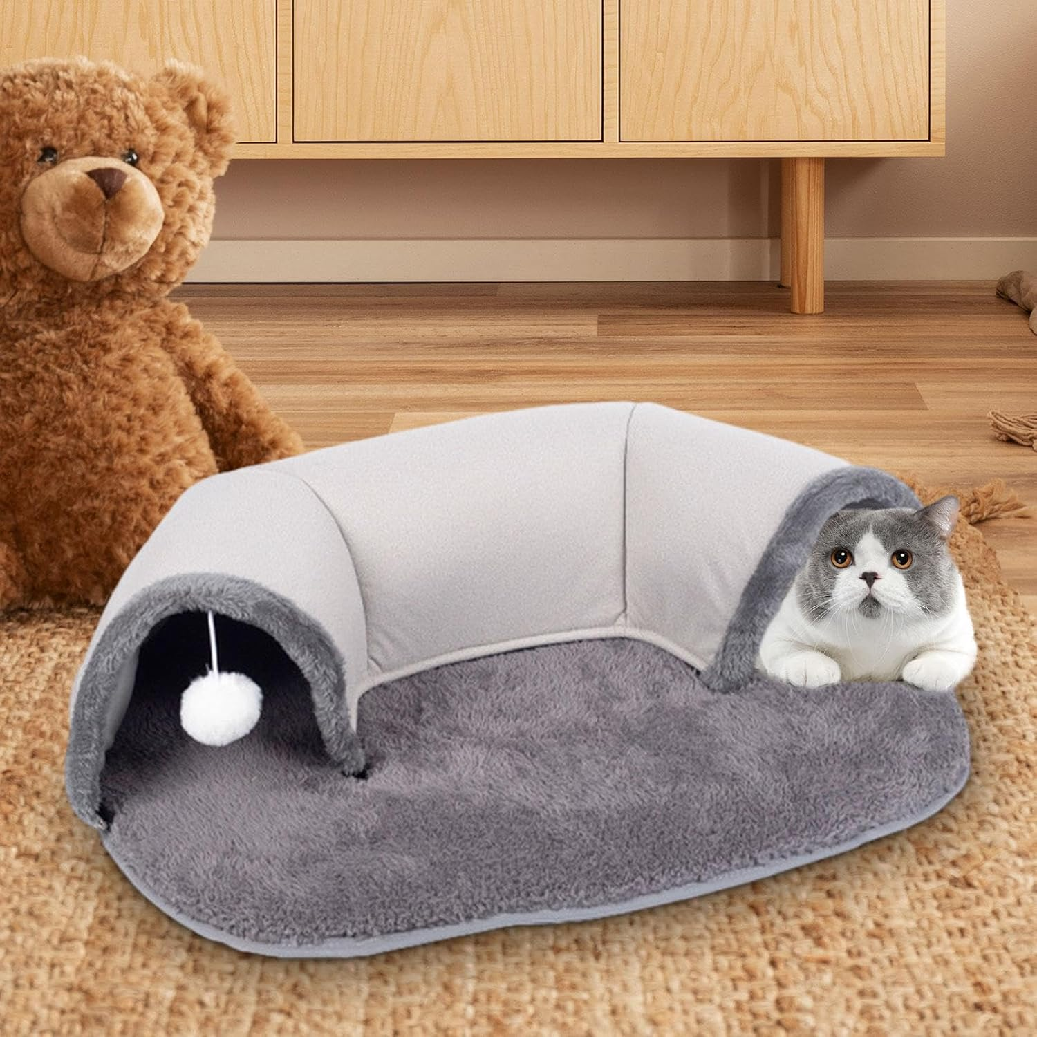 Stgfyxgs Cat Tunnel and Bed Toy, Warm Cat House, Pet Nest, Machine Washable Dog Sleeping Cushion, Multifunctional, 65 X 49 X 17 Cm, with Ball