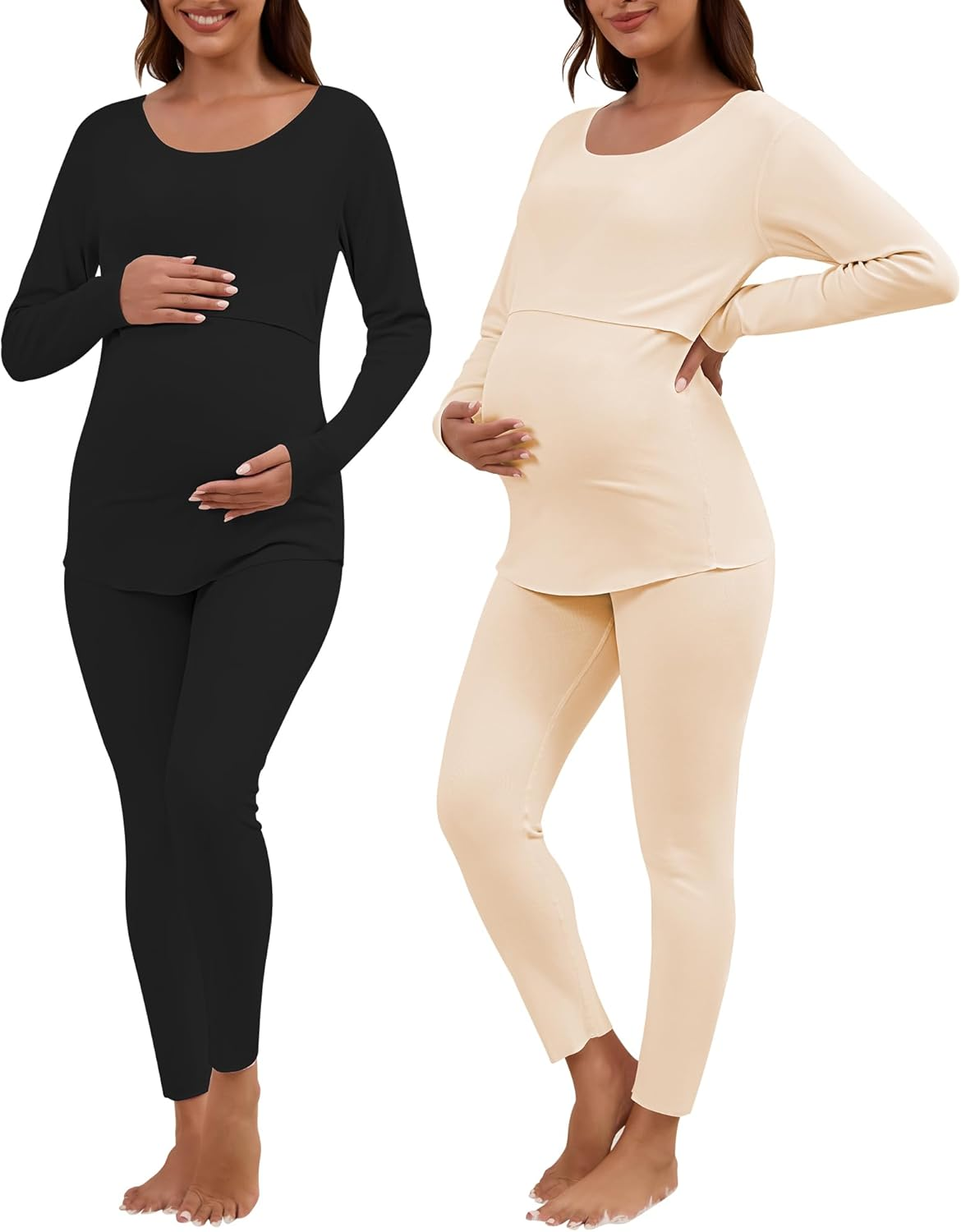 Patelai 2 Pack Thermal Nursing Underwear for Women Maternity Pajama Set Breastfeeding Sleepwear Fleece Lined Pregnancy Set