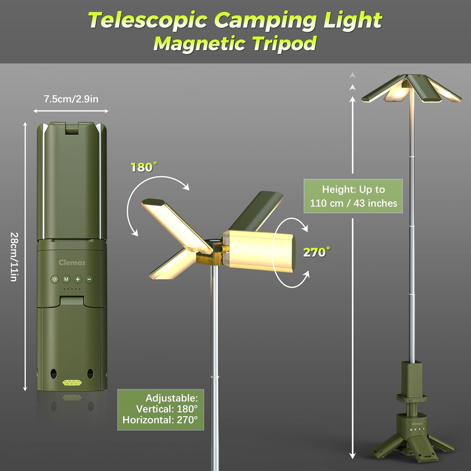 Telescopic Camping Lights Rechargeable 14000 Mah Led Multifunction Magnetic Lanterns Job Site Lighting Cordless Dimmable Camping Tent Lamp Portable Power Supply 6000LM IPX5 Waterproof (Green) image number 1