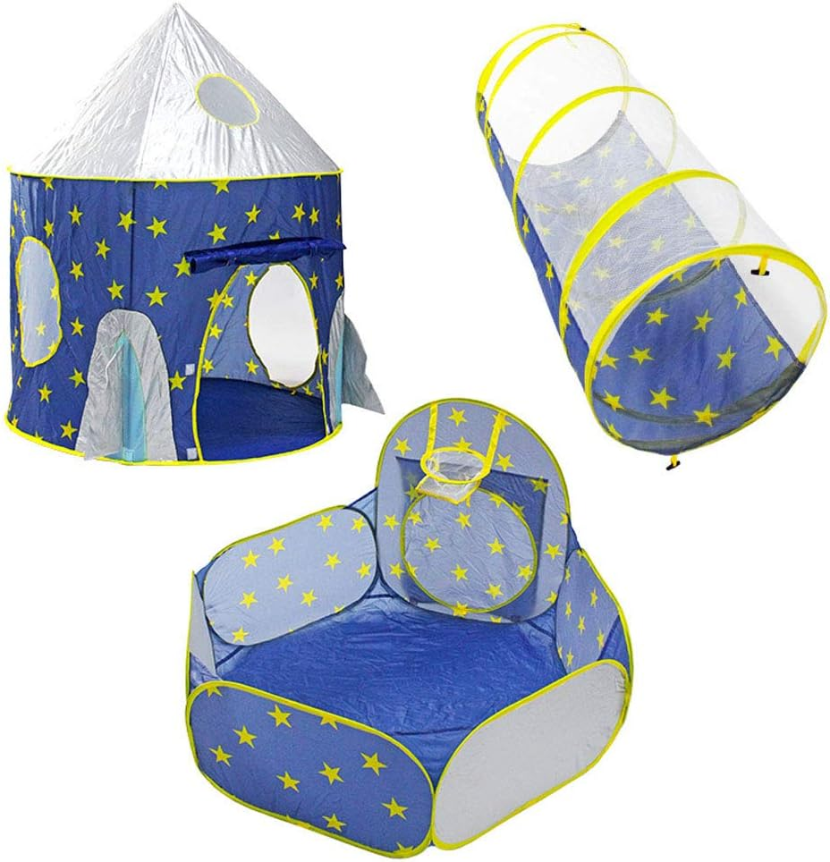 3 in 1 Sky Style Large Play Tent Crawling Tunnels and Ball Pit Set for Toddlers Indoor Outdoor with Carrying Bag (Blue) - Ocean World image number 3