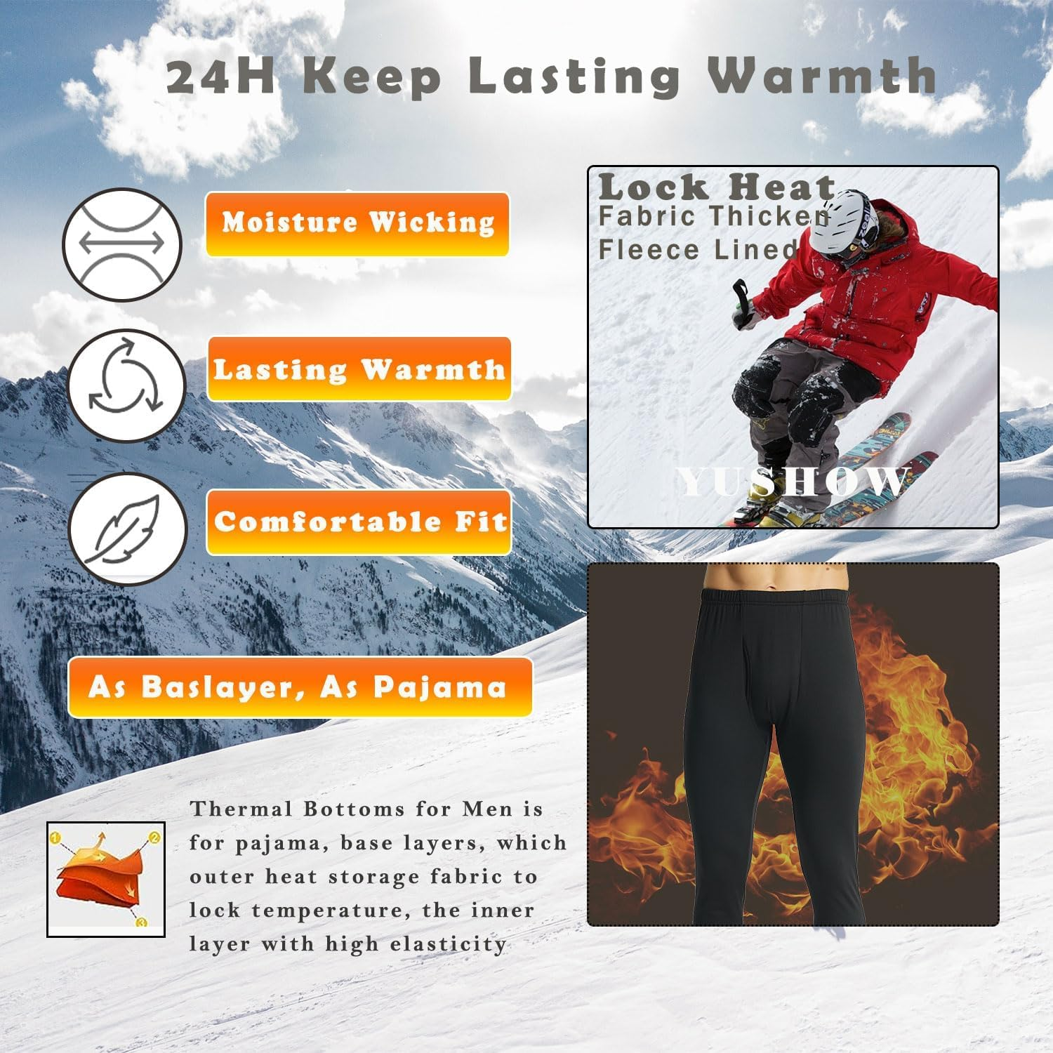 2 Pack Mens Thermal Long Johns Thermal Underwear for Men Soft Base Layer Thermal Pants Winter Warm Bottoms for Cold Weather image number 1