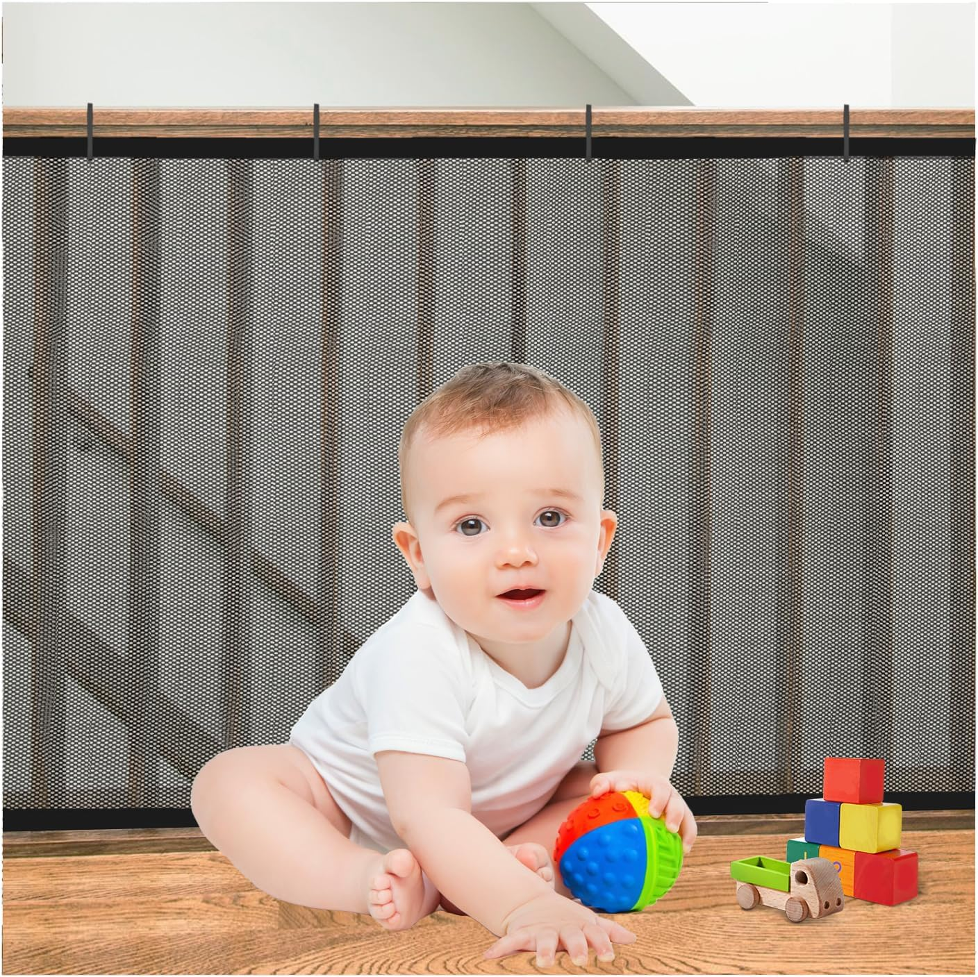 Stair Netting Child Safety Net, Baby Gate for Stairs with No Drilling, Stairway Net, 16.4 Ft L X 2.56 Ft H, Banister Guard, Balcony Banister Stair Net for Child, Small Pet,Toy- Indoor & Outdoor(Black)
