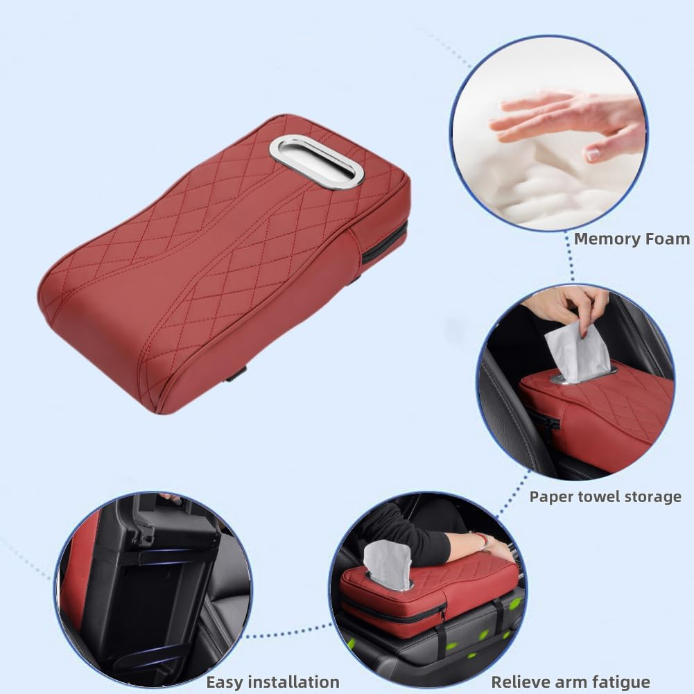 Car Armrest Cover Car Center Console Pad Leather Car Armrest Cover Diamond Pattern Memory Foam Soft and Breathable Tissue Storage Universal Armrest Pad Suitable for Most Cars Black image number 2
