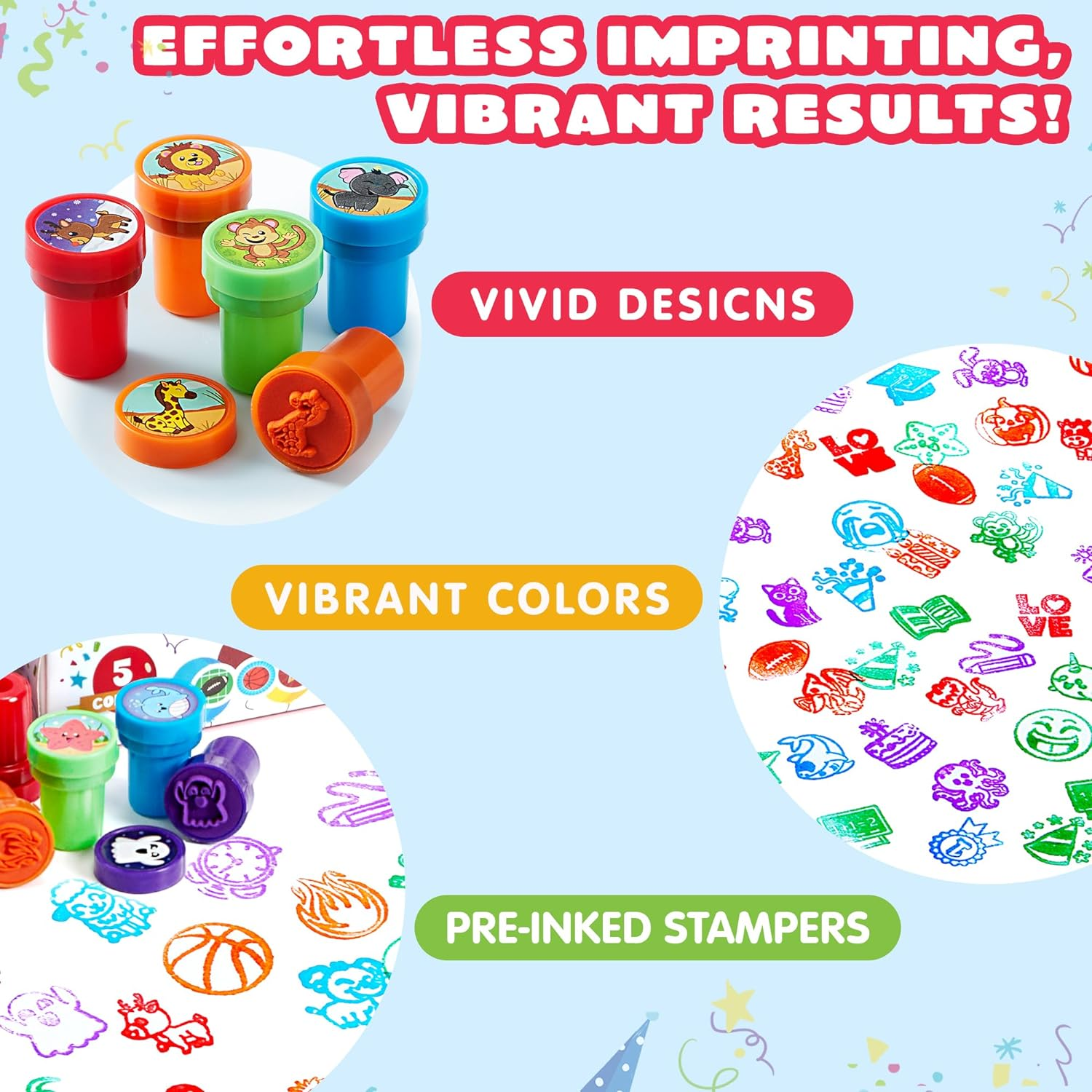 50 Pcs Assorted Stamps for Kids - Self-Ink Stamps with 50 DIFFERENT Designs for Birthday Party Favor, Carnival Prizes, School Stampers, Goodie Bag, Halloween, Christmas (Zoo, Emoji, Holiday Stampers) image number 5