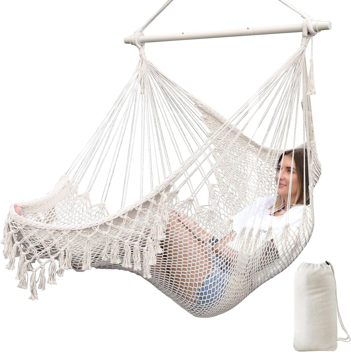 Chihee Hanging Chair Large Hammock Chair Soft Spun Cotton Rope Weave Chair Strong Metal Spreader Bar Wide Seat Lace Swing Chair Indoor Outdoor Garden Yard Theme Decoration image number 6