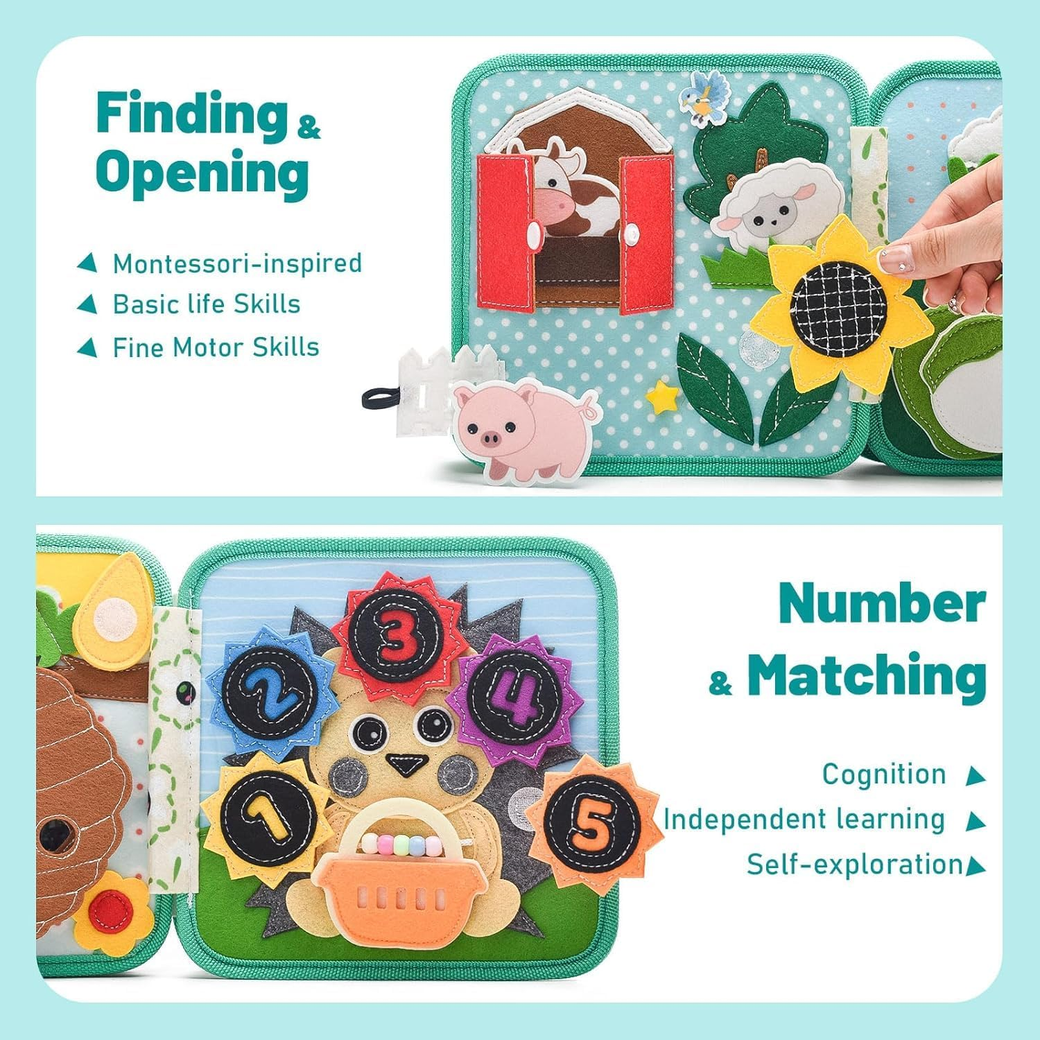 Kukelen Montessori Busy Book for Toddlers3-6, Felt Quiet Book & Busy Board for Preschool Learning, Fine Motor Skills & Sensory Play, Educational Travel Toy and Kids &ndash; Farm Animals Theme image number 3