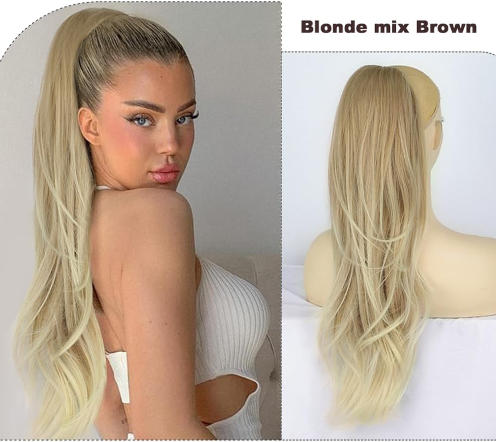 PORSMEER Long Braid Ponytail Hairpiece Hair Extension with Drawstring Long Straight Wavy Natural Synthetic Hair Ponytail Extensions Brown with Blonde for Women Afro Ladies, 65 Cm - Ombre Blonde-27/613T image number 2