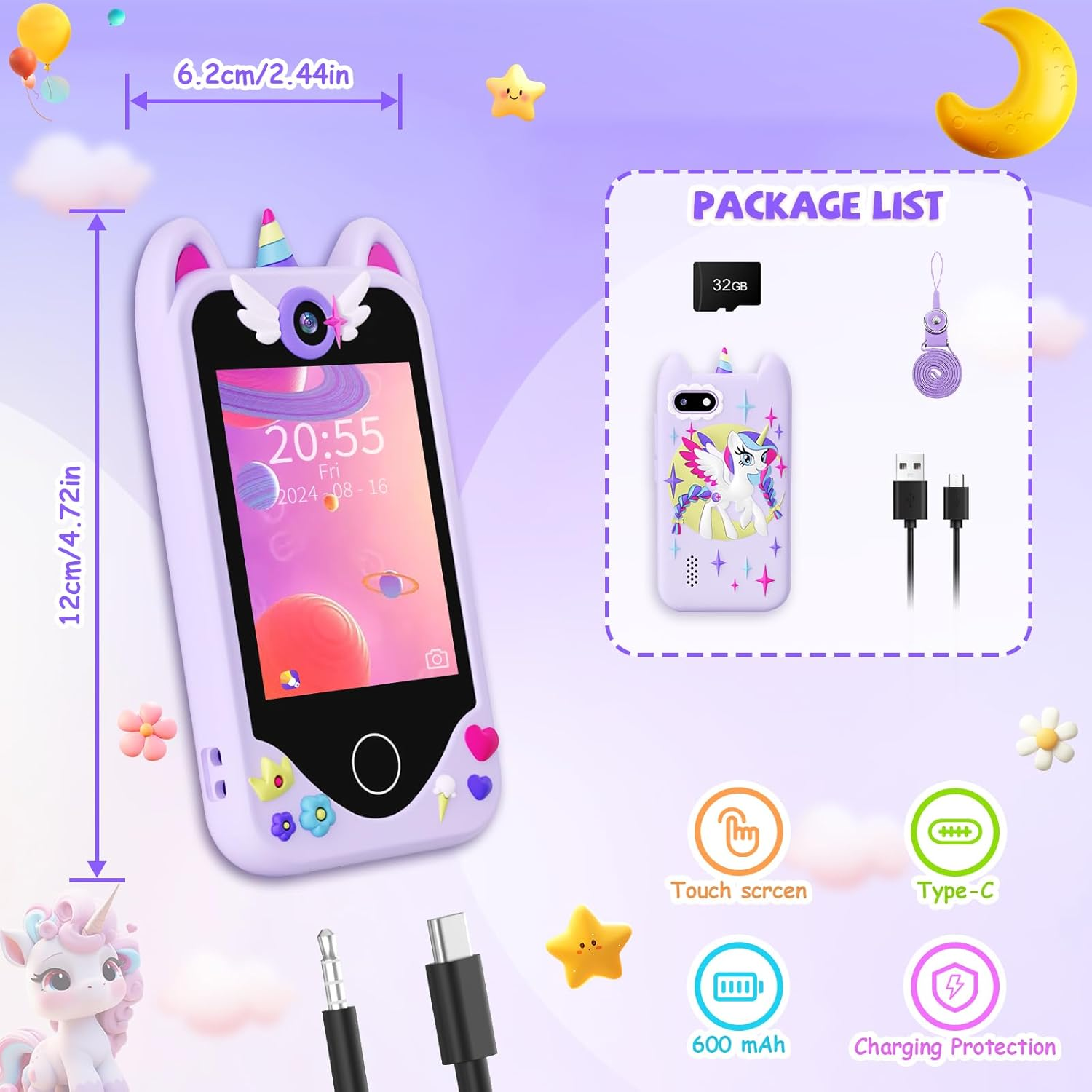 Kids Smart Phone for Girls Gifts - Toddler Christmas Birthday Gift for Age 3 4 5 6 Year Old, Kids Cell Phone Toy with Touchscreen, Dual Cameras, Learning, Music Player, Games with 32 GB Card - Purple image number 2