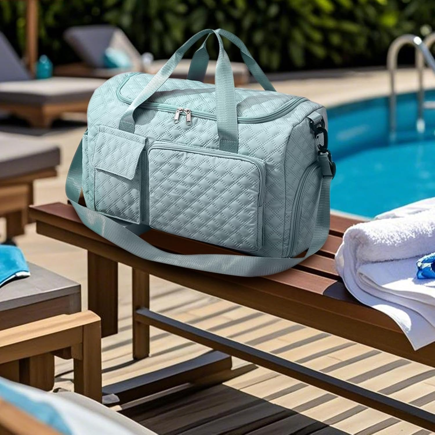 Sports Bag with Shoe Compartment | Overnight Bag with Widened Shoulder Strap | Luggage Accessories with Wet and Dry Separation for Towels, Clothes, Personal Items, Lake Blue, Refer To - Beige image number 5