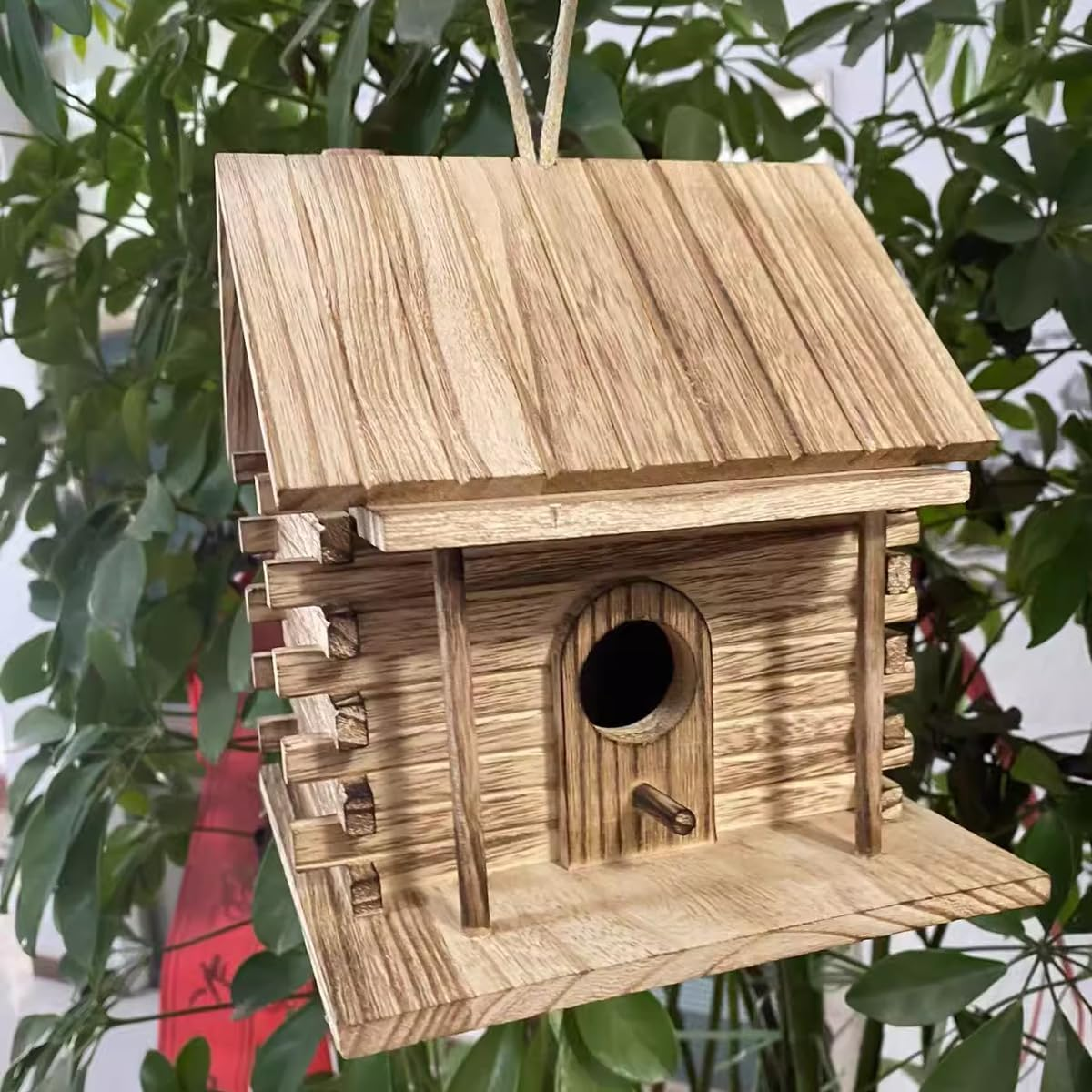 AIMALL Outdoor Wooden Bird House Nest &ndash; 7.08In Hanging Solid Wood Breeding Box for Parrots, Finches, Sparrows, Garden Aviary, Rustic Natural Bird Shelter image number 4