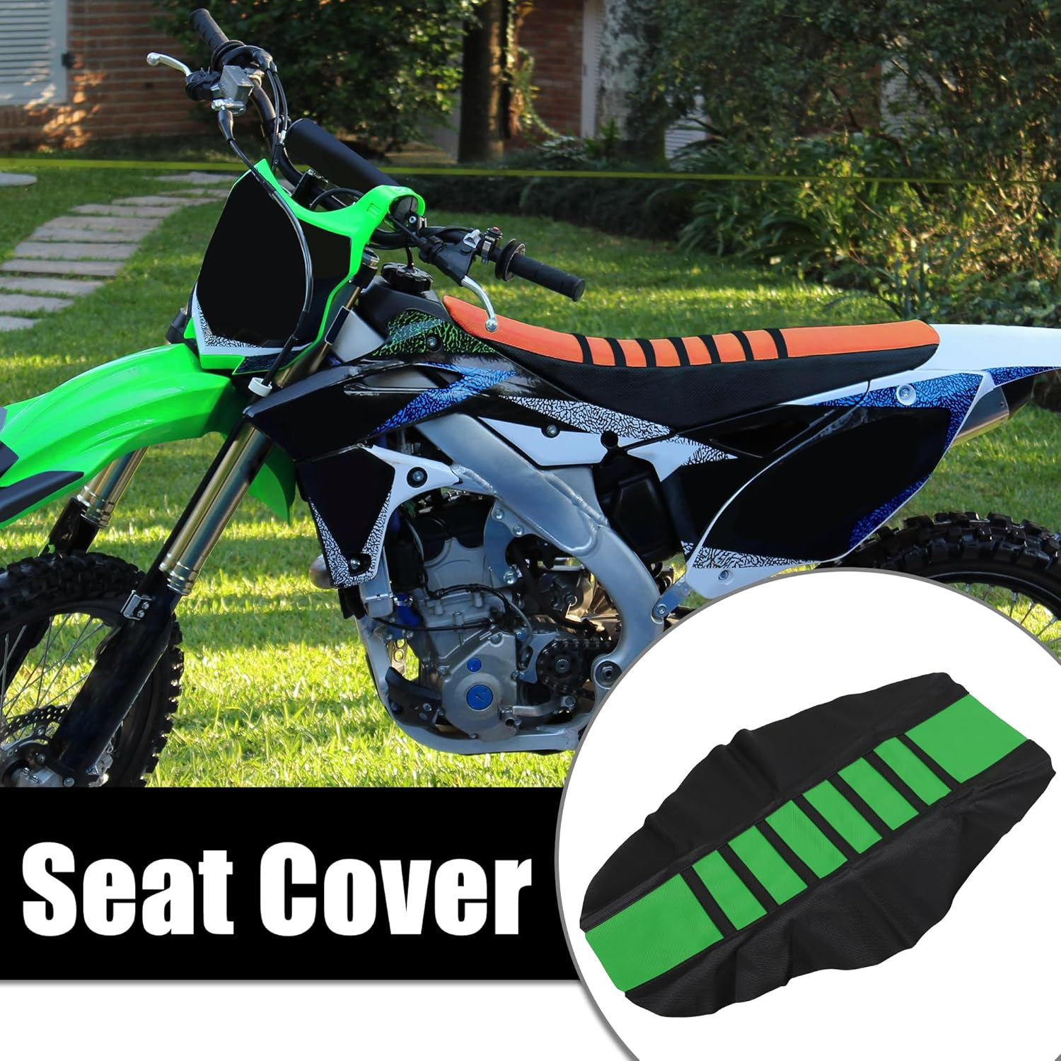 X AUTOHAUX Universal Motorcycle Pit Dirt Bike Faux Leather Soft Seat Cover anti Slip Seat Cushion Green Black image number 3