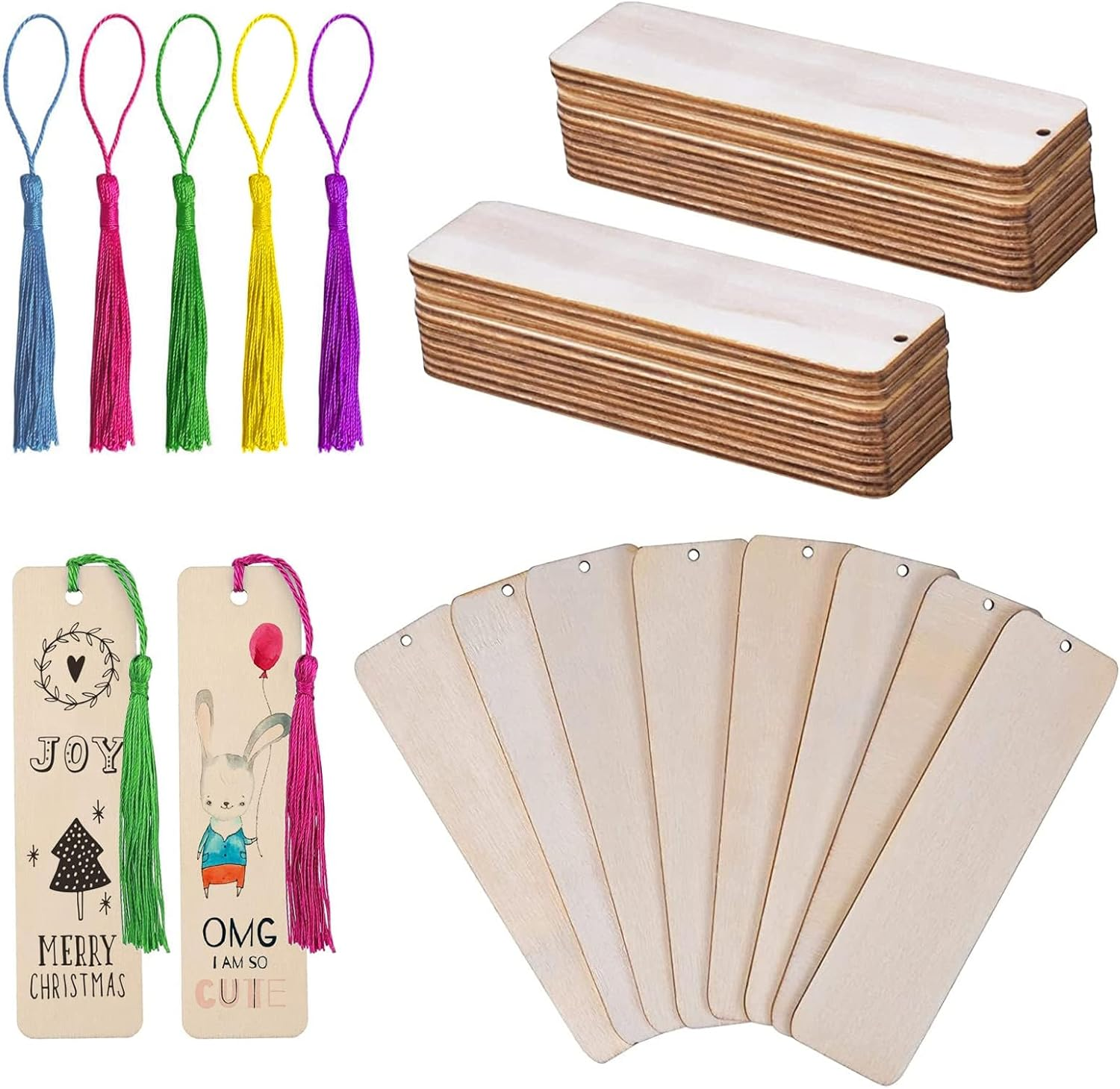 Wooden Bookmarks, 25 Pcs Blank with Holes and 25 Colorful Tassels - Gift Tags for Men, Women, Kids, Book Lovers, Engraving, Crafts image number 6
