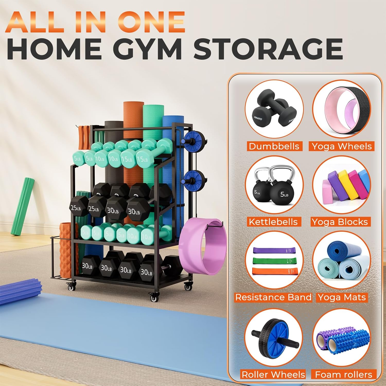 Dumbbell Rack Weight Stand - Bonvork Adjustable Weight Rack for Dumbbells, Home Gym Storage Rack for Yoga Mat Foam Roller Kettlebells, Workout Equipment Storage Organizer with Wheels - Newly Upgraded image number 4