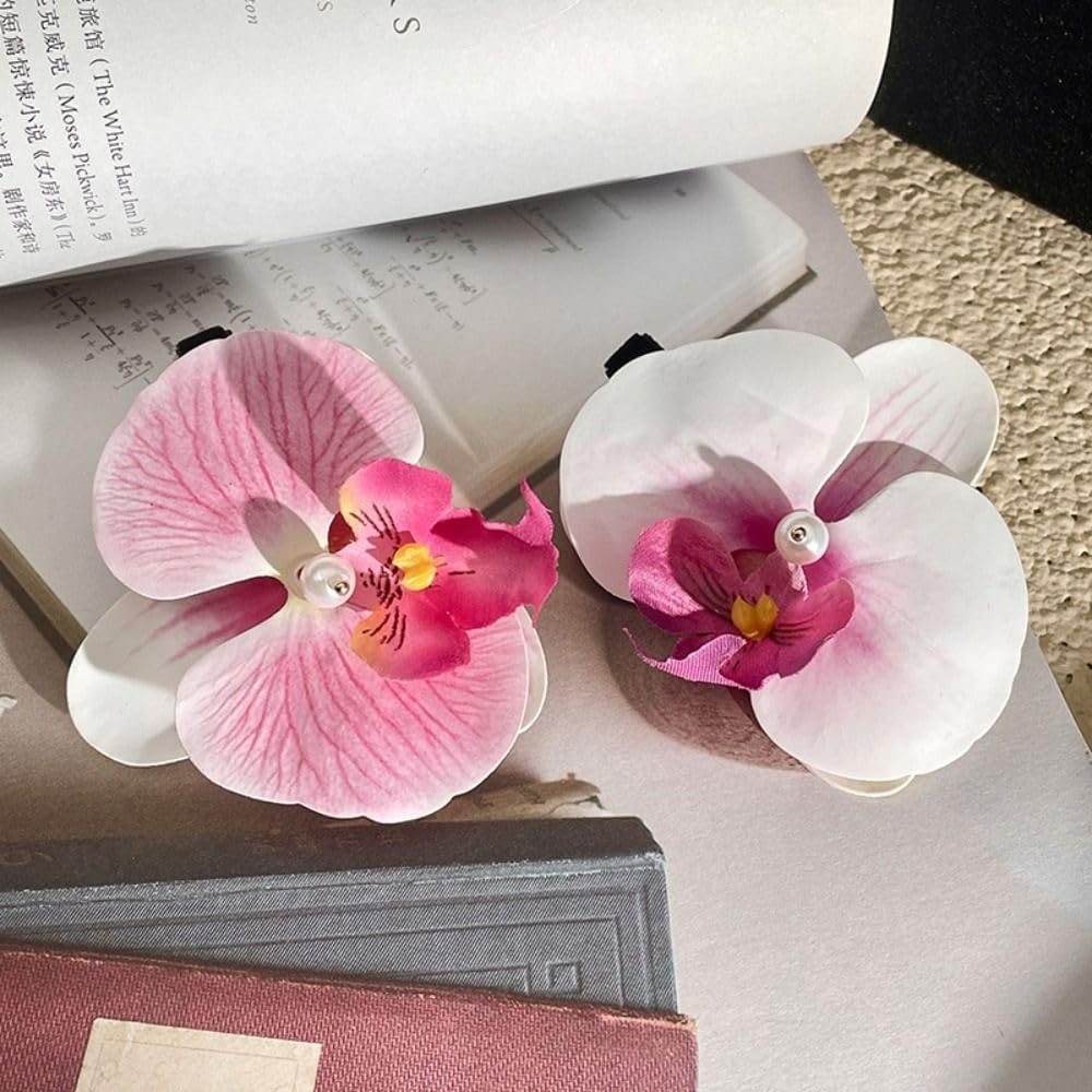 Pink Orchid Flower Hair Clip,Flower Hair Clip Cute Pink Orchid Side Barrettes Elegant Suitable for Wavy, Curly, Straight Hair, Sweet and Barrettes Accessories image number 2