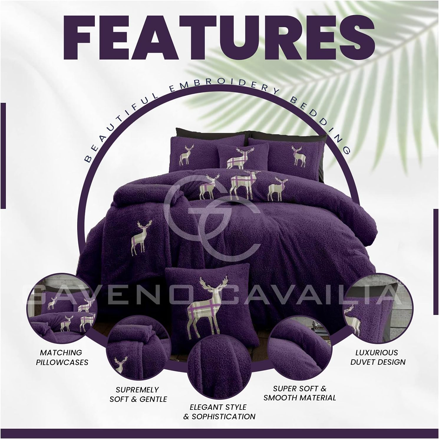 Gaveno Cavailia Easy Care Embroidered Stag Teddy Duvet Cover with Matching Pillow Cases, Fluffy Thermal Quilt Set, Super Soft & Cosy Linen, Purple, Double Size Bedding, 100% Polyester image number 1