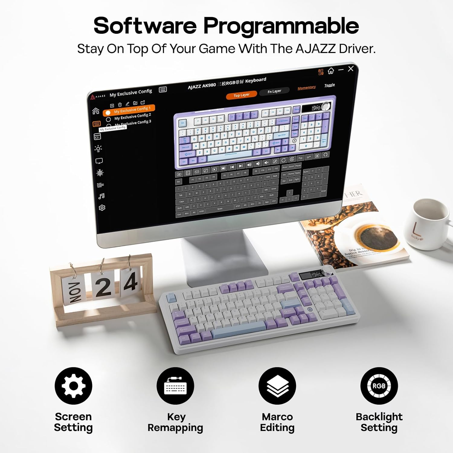 Mechlands AJAZZ AK980 96% Usb-C/Bt5.0/2.4Ghz Wireless Gaming Keyboard with 1.14&rsquo;&rsquo; TFT Screen, Hot Swappable Creamy Mechanical Keyboard with FR4 Plate, Knob, RGB for Win/Mac (White, Gift V2 Switch)