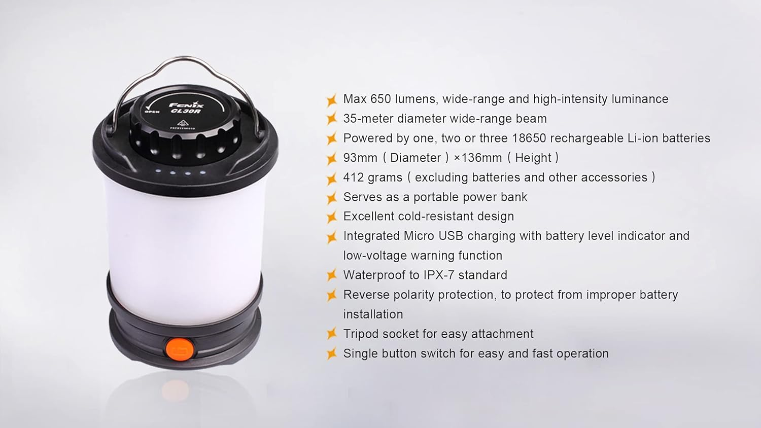 Fenix CL30R 650 Lumen Rechargeable Camping Lantern with Upto 400Hrs Runtime & 6 Brightness Levels &ndash; IPX-7 Waterproof Camping Light for Outdoor Activities &ndash;USB Chargeable Led Lantern image number 5