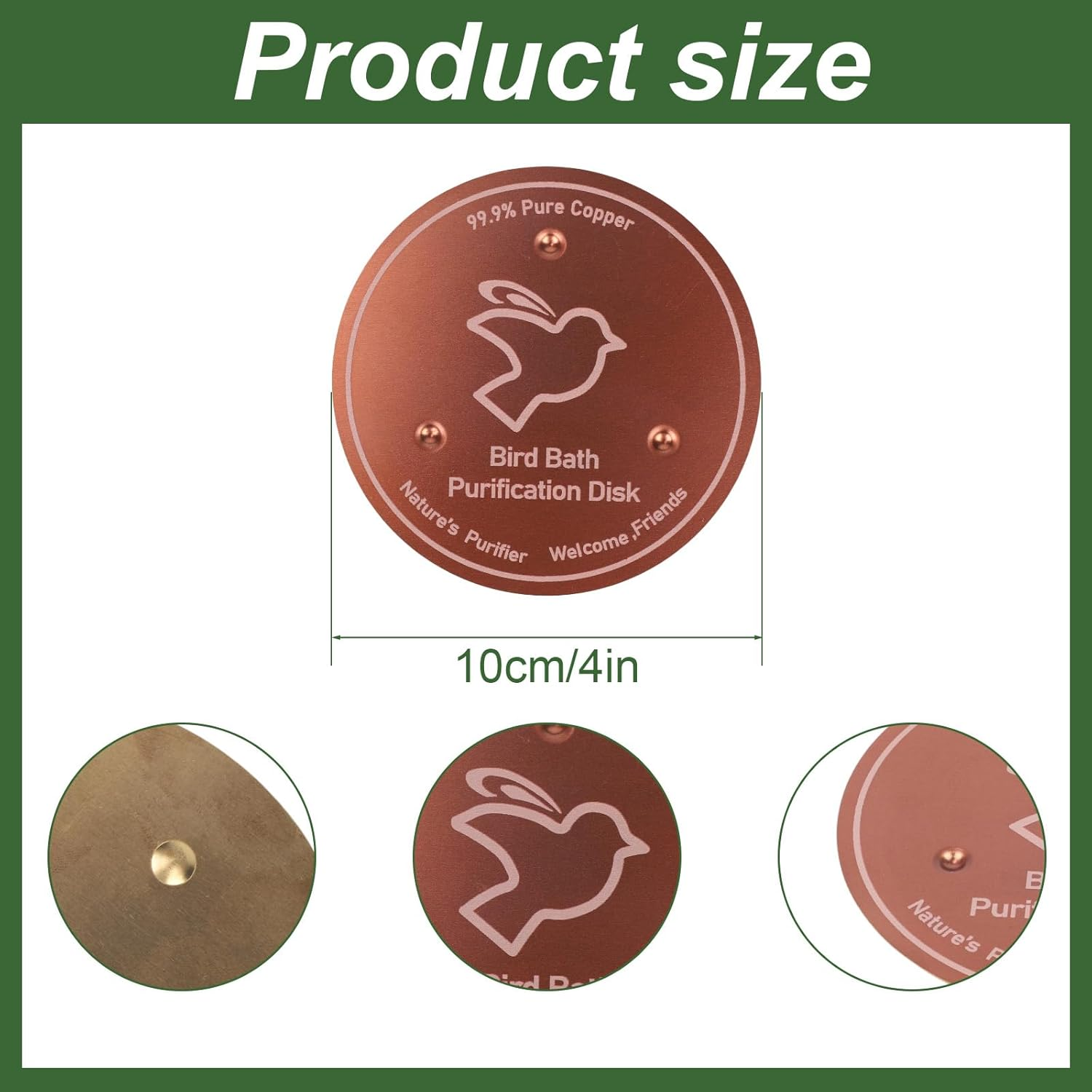 BOXOB Pure Copper Bird Bath Purification Disk, 4In Bird Bath Cleaner with Triple Point Support All Season Safe Water Purifier Universal Fit for Outdoor Birdbaths & Bowls image number 3