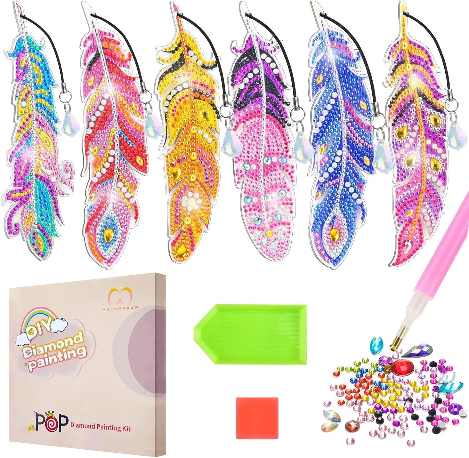 MATHARAGO 6 Pcs Diamond Painting Kits for Kids, Feather Bookmark Diamond Art Kits, DIY Crystal Diamond Art for Kids, Enfants, Girls and Women, Diamond Painting Bookmarks with Crystal Pendant (YQ088) image number 4