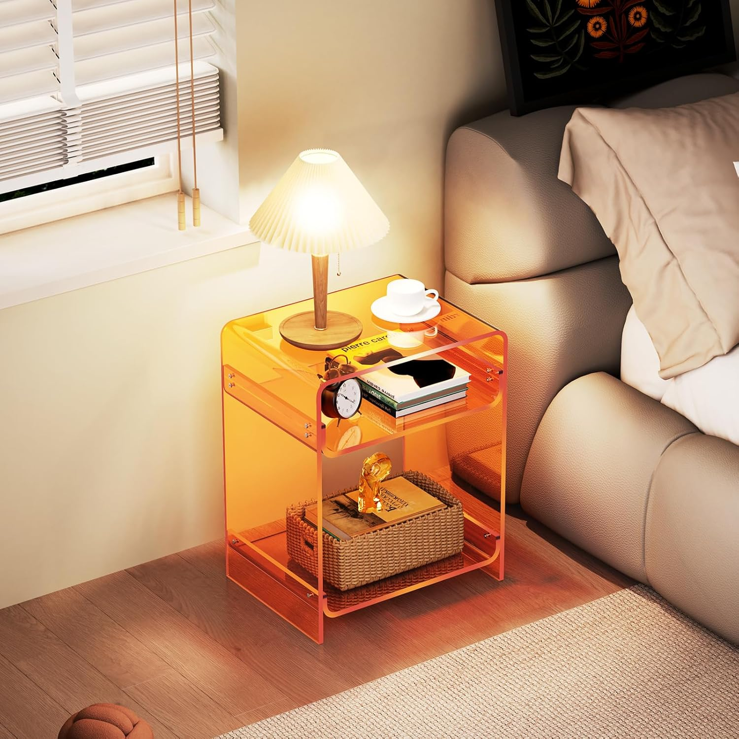Acrylic Side Table Record Player Stand with Storage, Clear Nightstand Bedside Table End Table for Living Room, Bedroom (Orange) image number 2