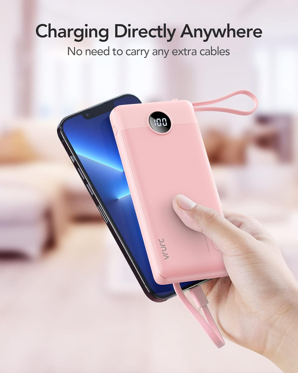 Portable Charger 10000Mah,Vrurc Power Bank with Built-In Cables, 5 Output 2 Input Cell Phone Battery Pack, Slim LED Display, USB C Phone Charger Compatible with Iphone,Samsung,Android Etc-Pink