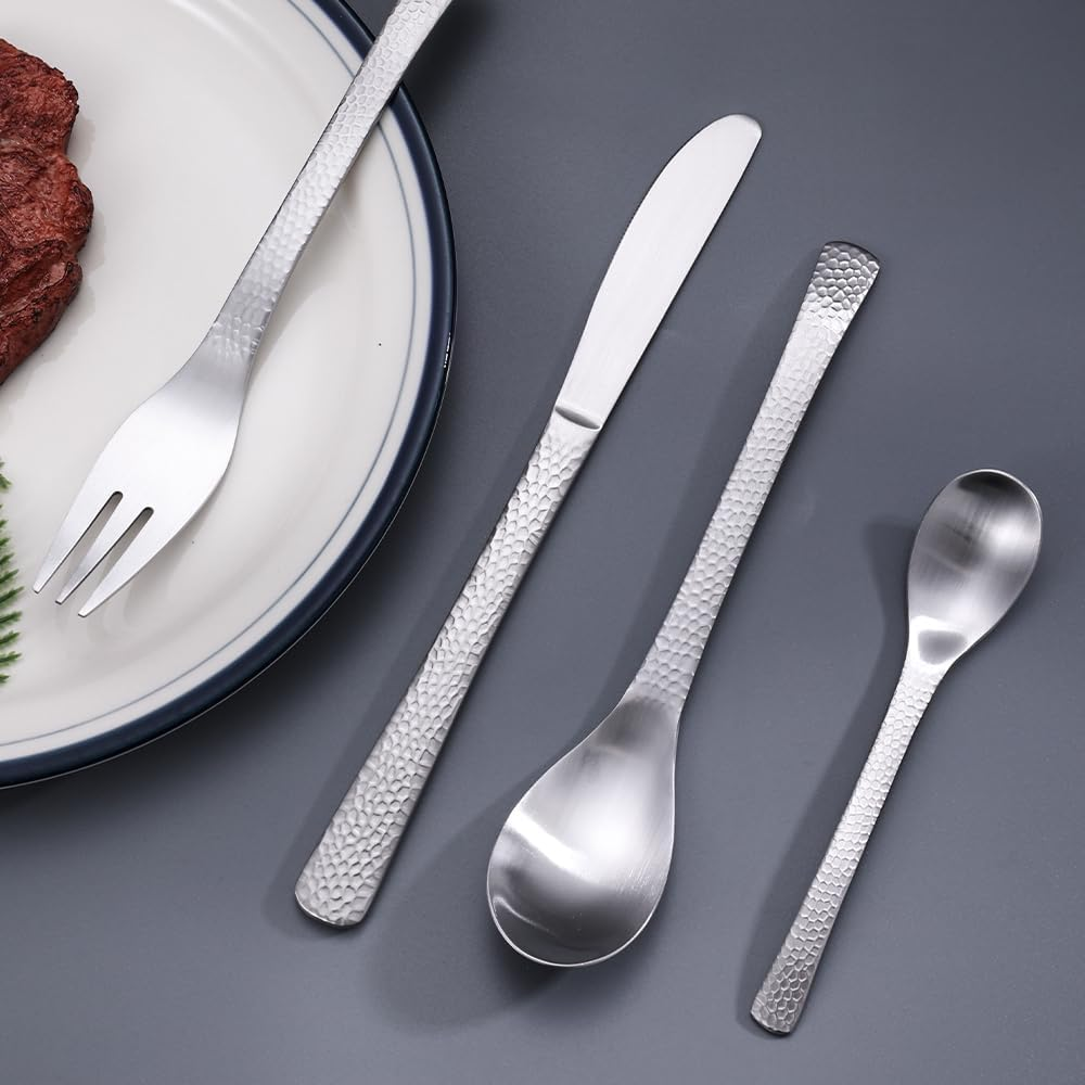 WOODVIR Matte Finish & Hammered Handles &ndash; Artisan-Crafted Silver Cutlery Set &ndash; Elevate Your Table with Modern Elegance image number 1