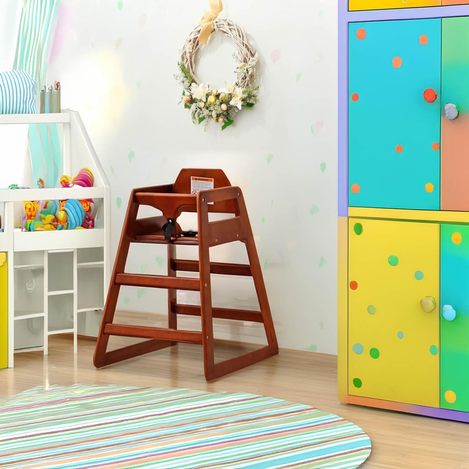 Kapeicamper Wooden High Chair for Toddlers, Portable Baby Feeding Chair with Adjustable Straps, Natural Pine High Chair, Highchair for Dining Room, Kitchen (Walnut)