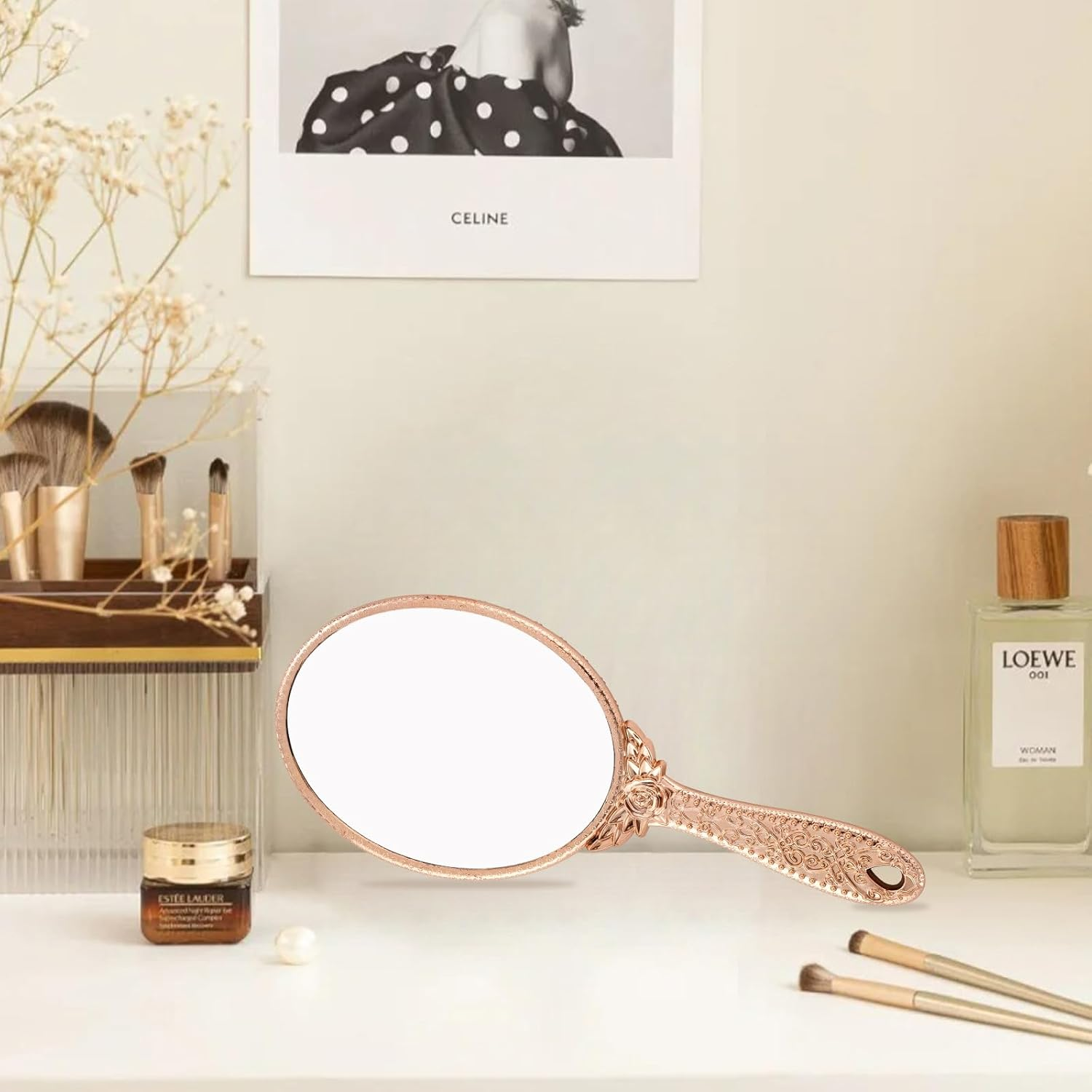XPXKJ Handheld Mirror Handle Vanity Makeup Home Salon Travel Use (Carved Oval, Rose Gold) image number 3
