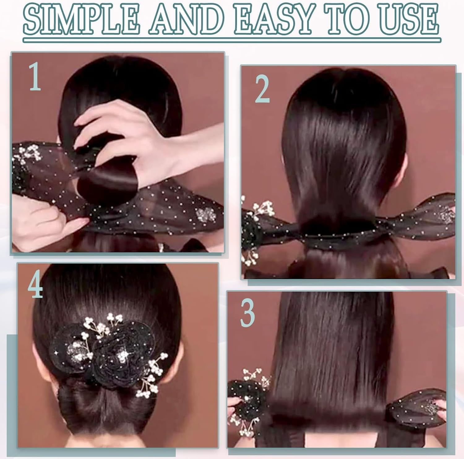 Hand Embroidered Flowers Hair Accessory Set 2Pcs Ball Hair Clip Flower Hair Bun Roller,Flower Butterfly Hair Bun Makers, Ball Hair Clip Bun Roller Flexible Bun Hair Maker image number 3